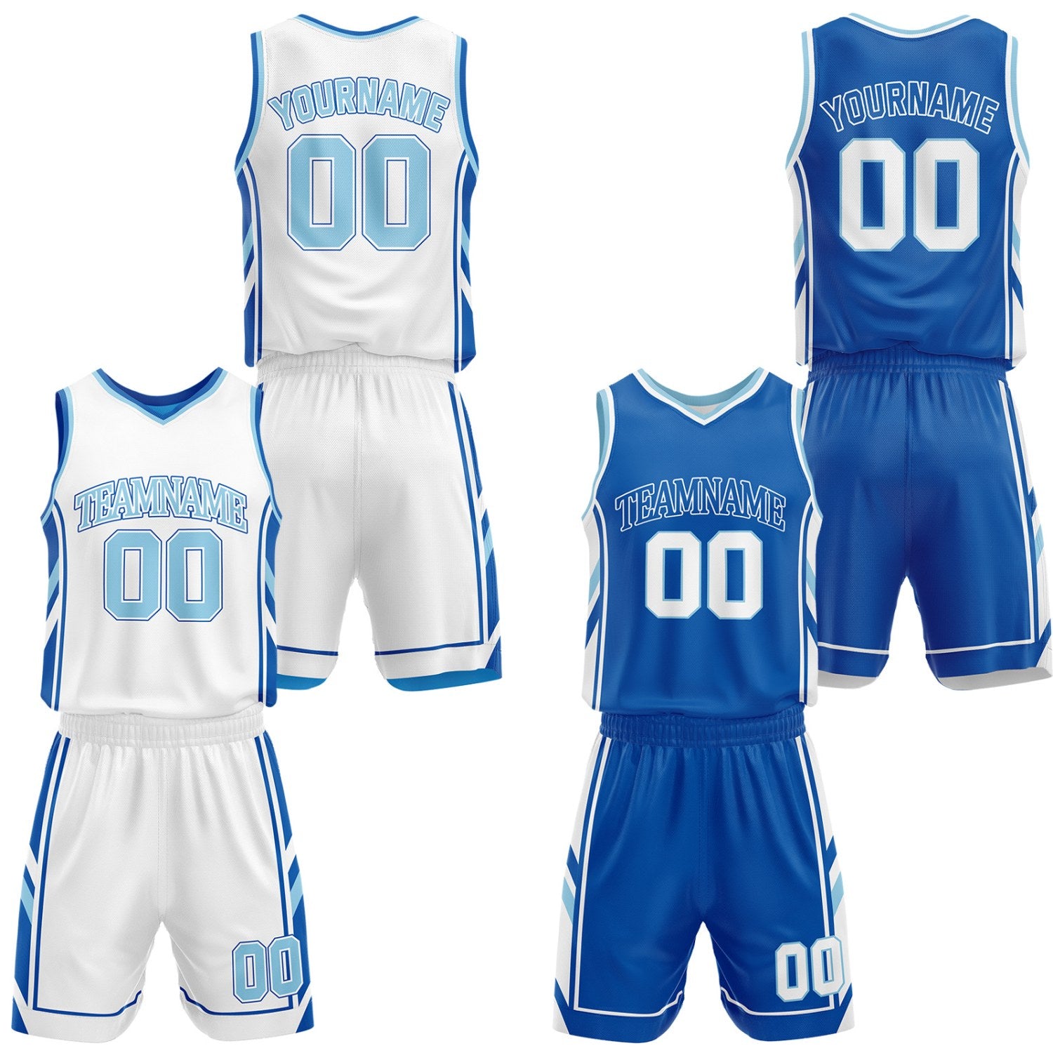 Custom white & royal blue reversible basketball uniform set by Vosoli | Personalized team name, number & logo | Breathable mesh jersey and shorts sport set