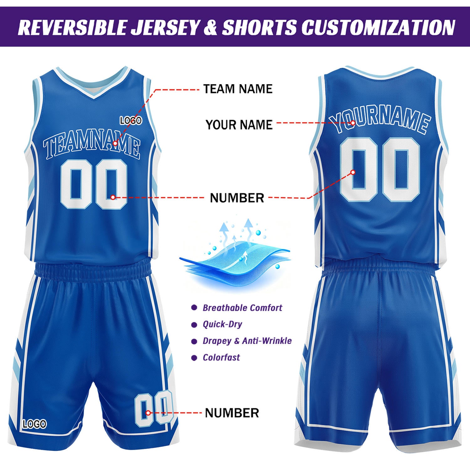 Custom White & Royal Blue Reversible Basketball Uniform Set | Personalized Name Number Sports Jersey Shorts Kit