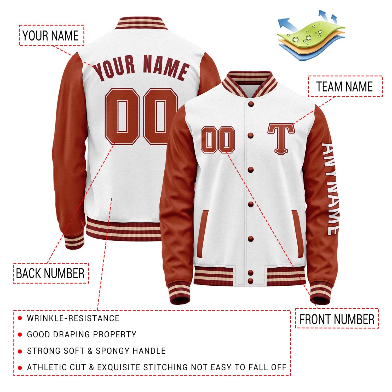 Custom White & Rust Varsity Letterman Jacket | Personalized Baseball Bomber Coat for Adult & Youth