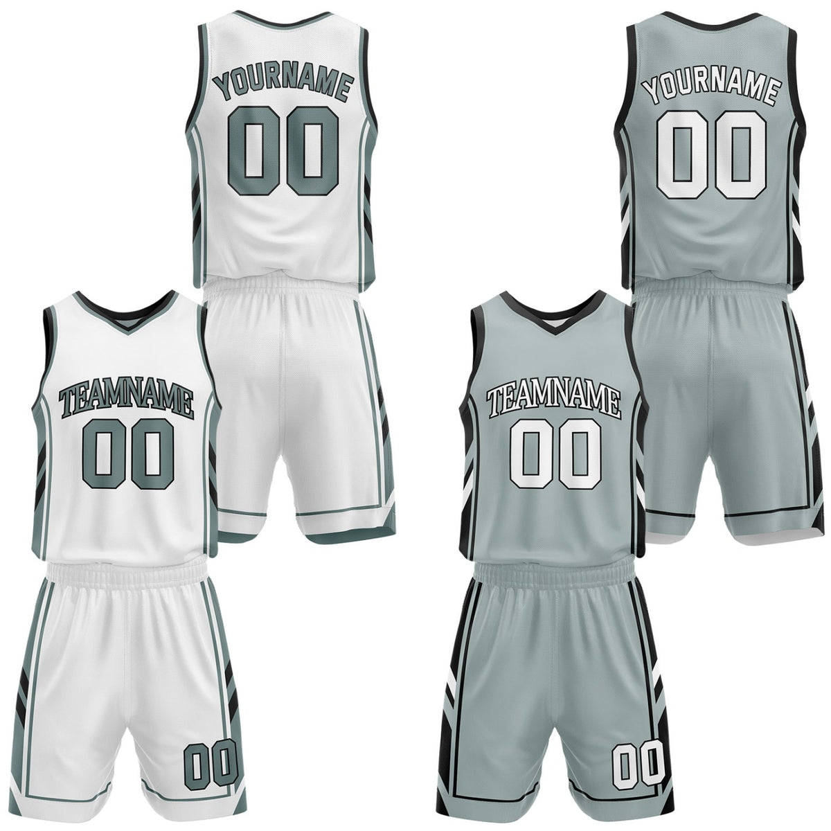 Custom white &amp; sage green reversible basketball uniform set by Vosoli | Personalized team name, number &amp; logo | Breathable mesh jersey and shorts sport set