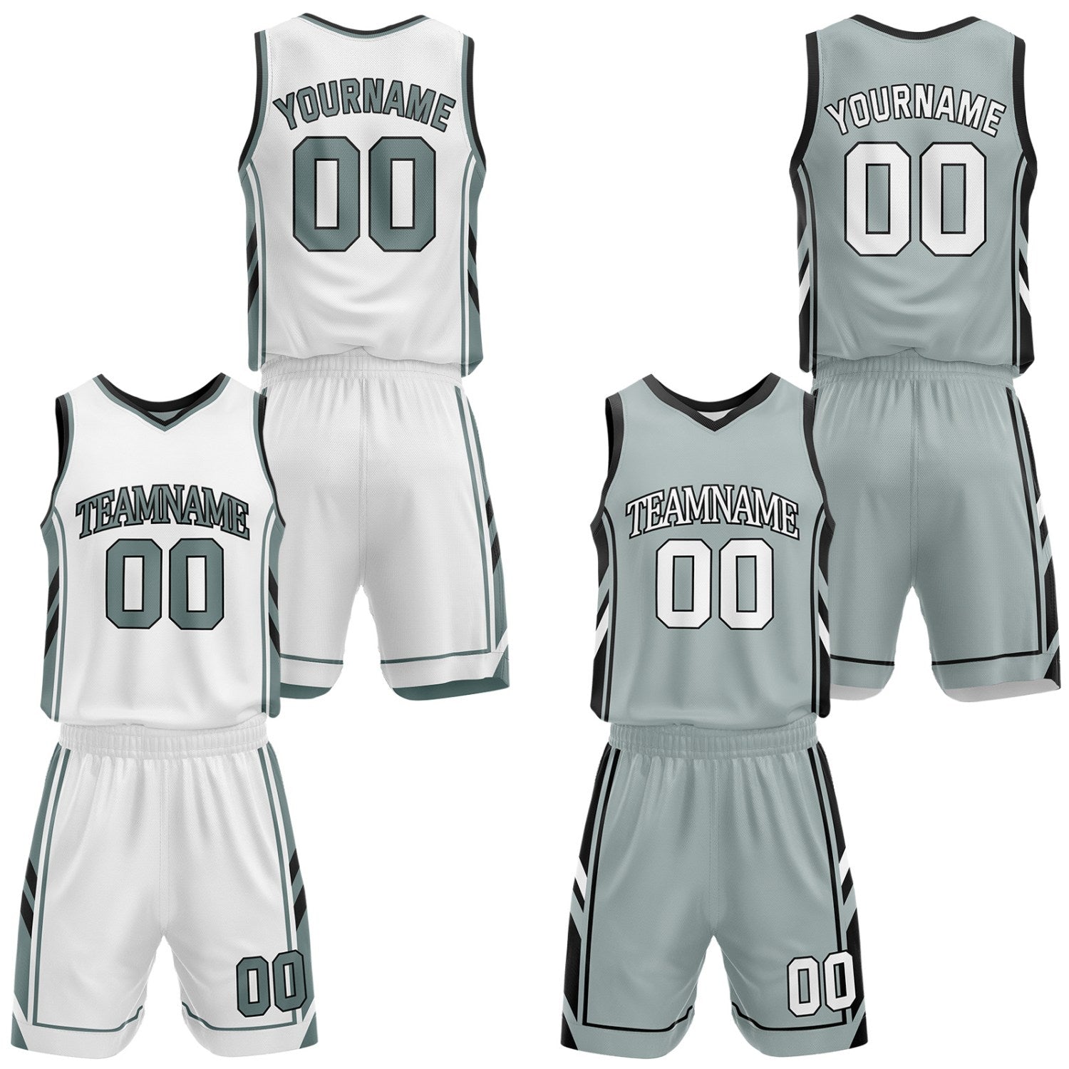 Custom white & sage green reversible basketball uniform set by Vosoli | Personalized team name, number & logo | Breathable mesh jersey and shorts sport set