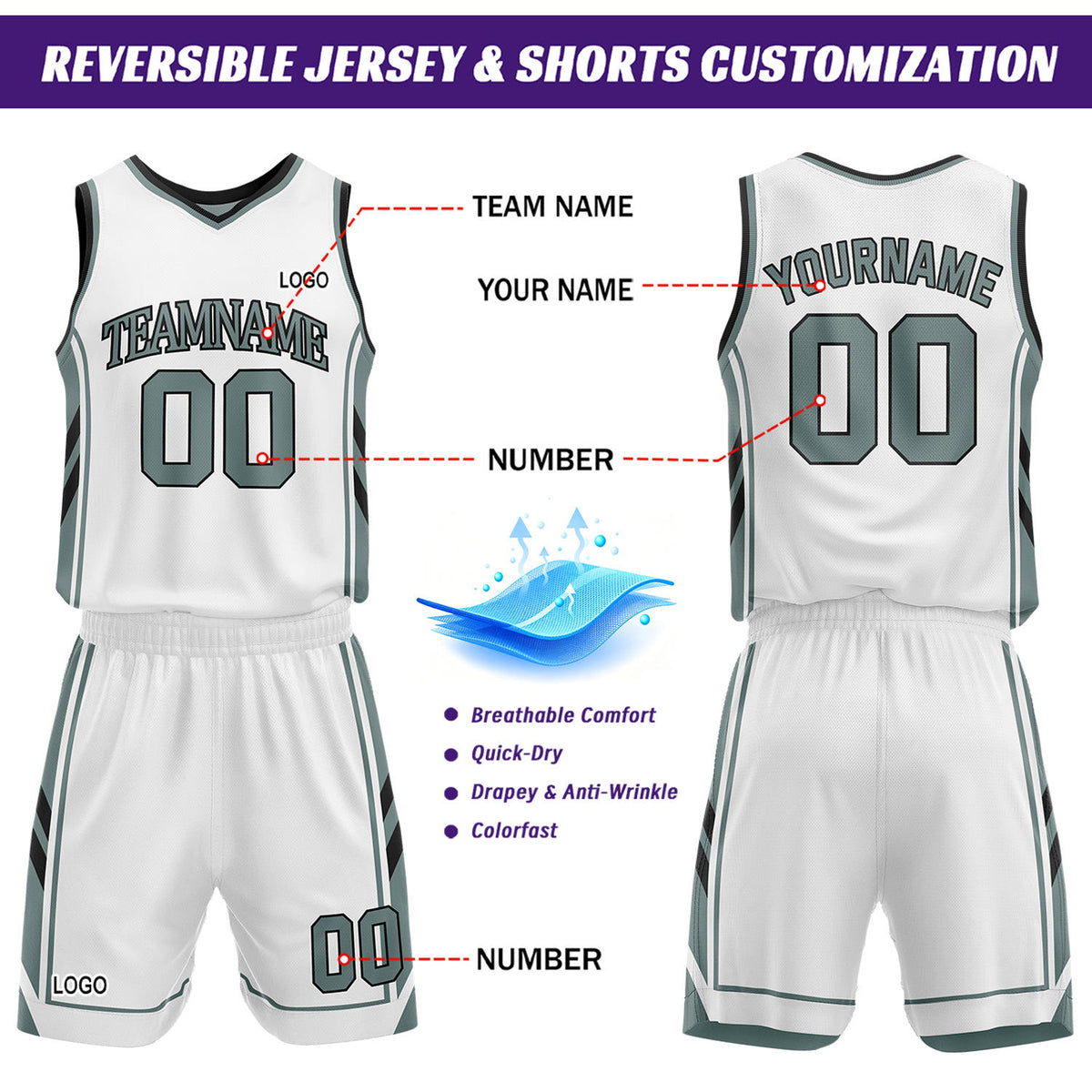 Custom White & Sage Green Reversible Basketball Uniform Set | Personalized Name Number Sports Jersey Shorts Kit