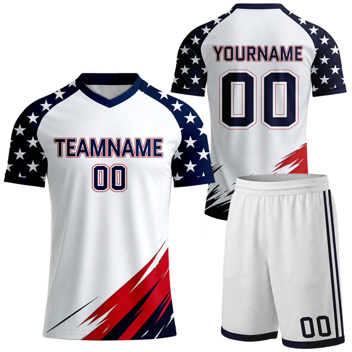 custom white star sleeve brush soccer uniforms for adult teams by Vosoli, personalized team name, player name &amp; number, breathable short sleeve V-neck soccer jersey with shorts for adult team soccer games