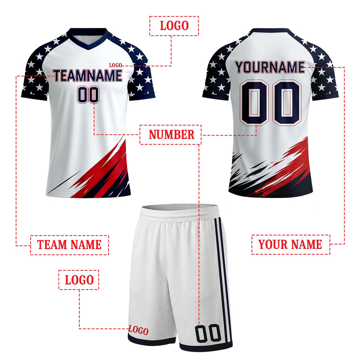 Custom White & Star Sleeve Brush Soccer Uniform Set | Personalized Jersey & Shorts for Adult Soccer Teams