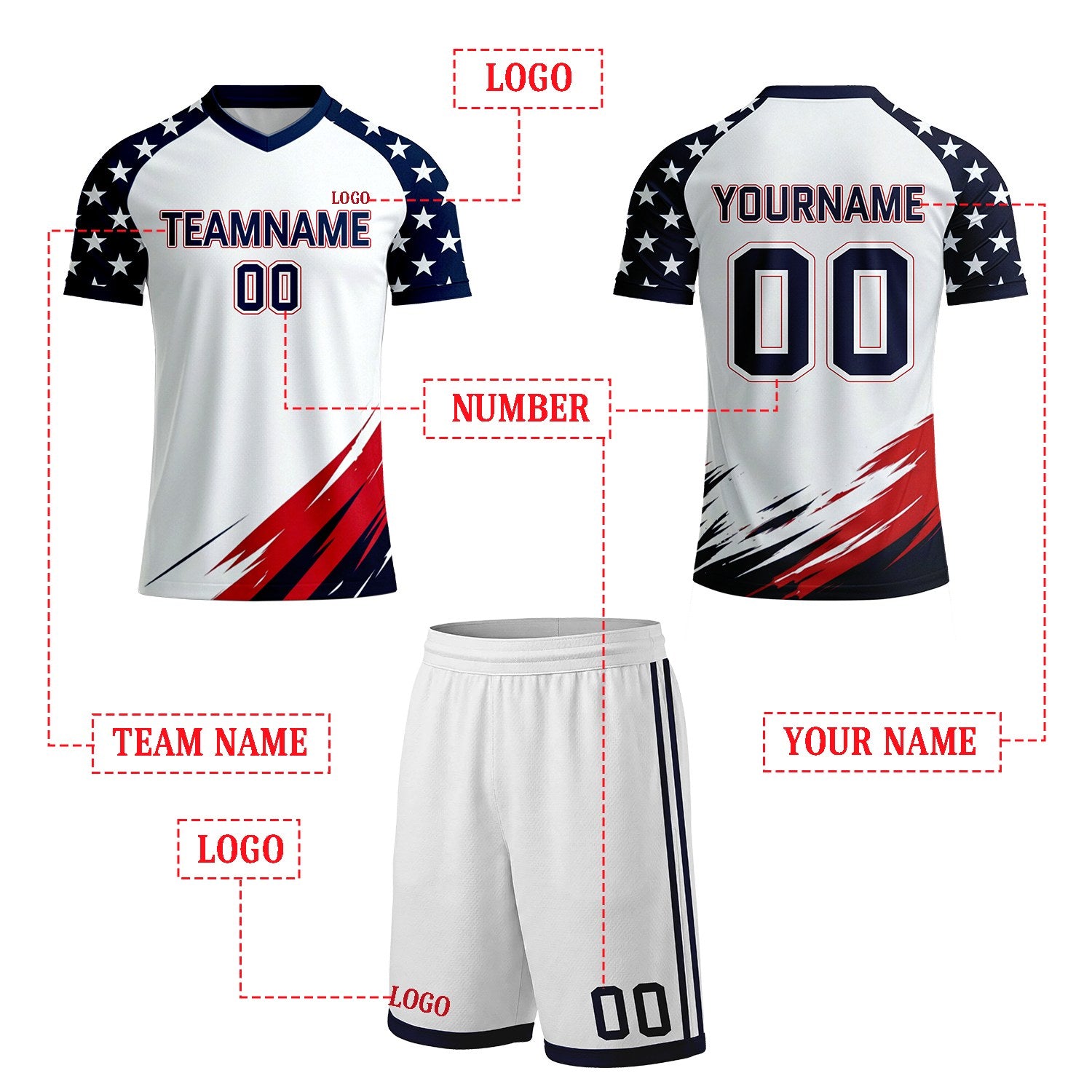 Custom White & Star Sleeve Brush Soccer Uniform Set | Personalized Jersey & Shorts for Adult Soccer Teams