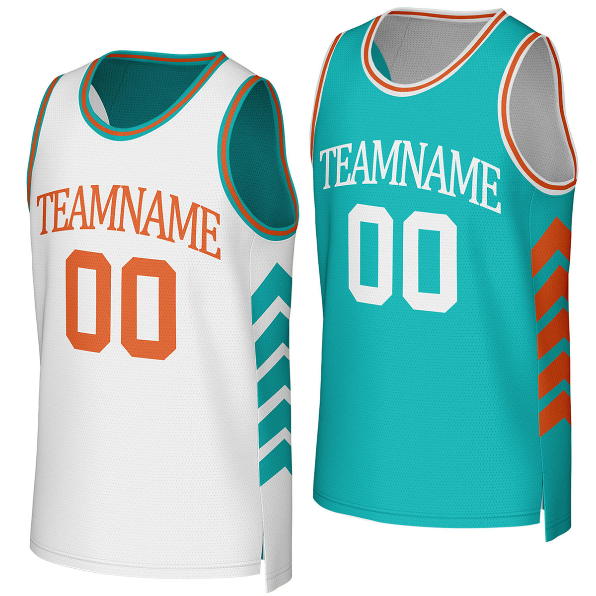Custom white & teal reversible basketball jersey by Vosoli. Personalized with team name, player name, number, and logo on both sides. Breathable mesh 2-in-1 jersey for high school, college, AAU teams.