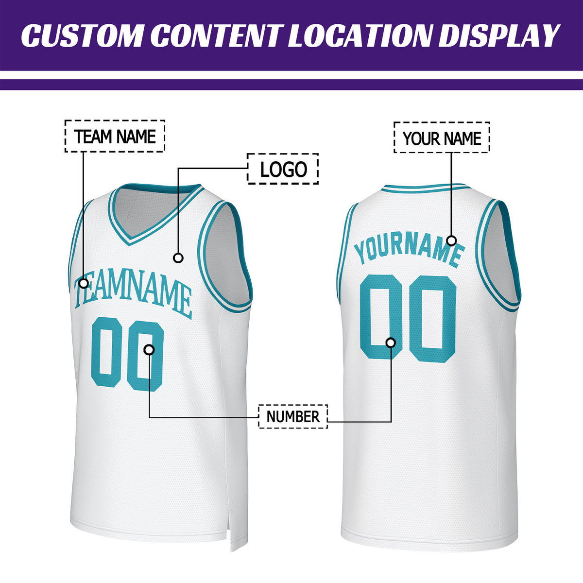 Custom White & Teal Mesh Basketball Jersey | Personalized Name & Number Team Uniform