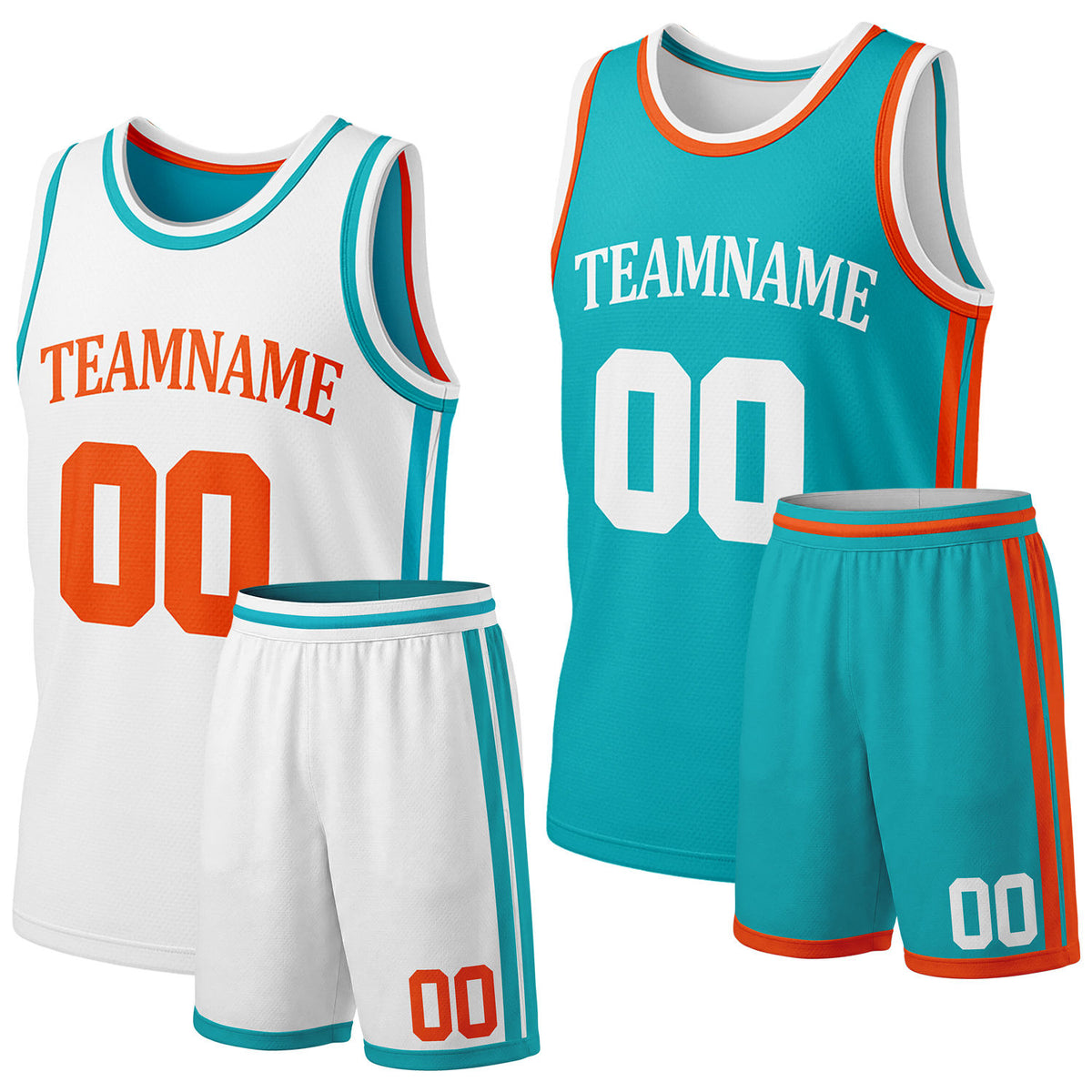 Custom white &amp; teal reversible basketball jersey shorts set by Vosoli | Personalized team name &amp; number full team uniform sportswear