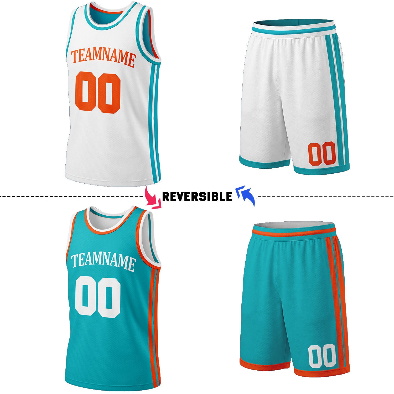 Custom White & Teal Reversible Basketball Jersey Shorts Set | Personalized Full Team Uniform