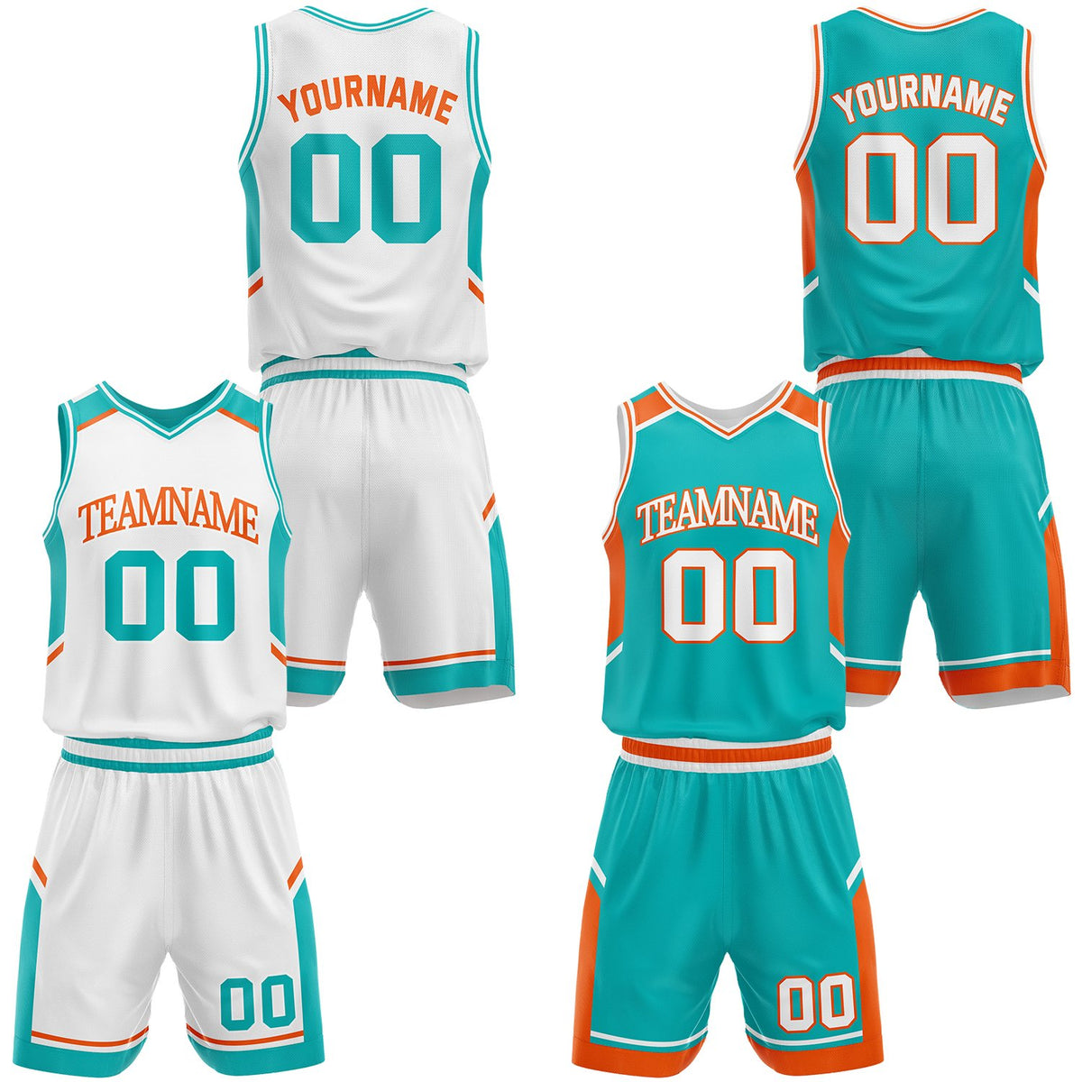 Custom white and teal middle school basketball uniform set, personalized name, number and logo, breathable mesh for youth & adult.