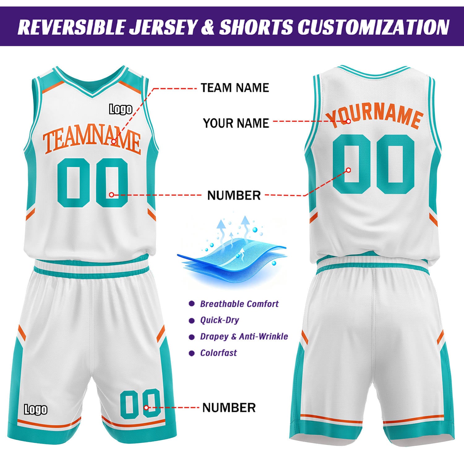 Custom Reversible Basketball Uniform Set | White & Teal V-Neck Sleeveless Jersey & Athletic Shorts