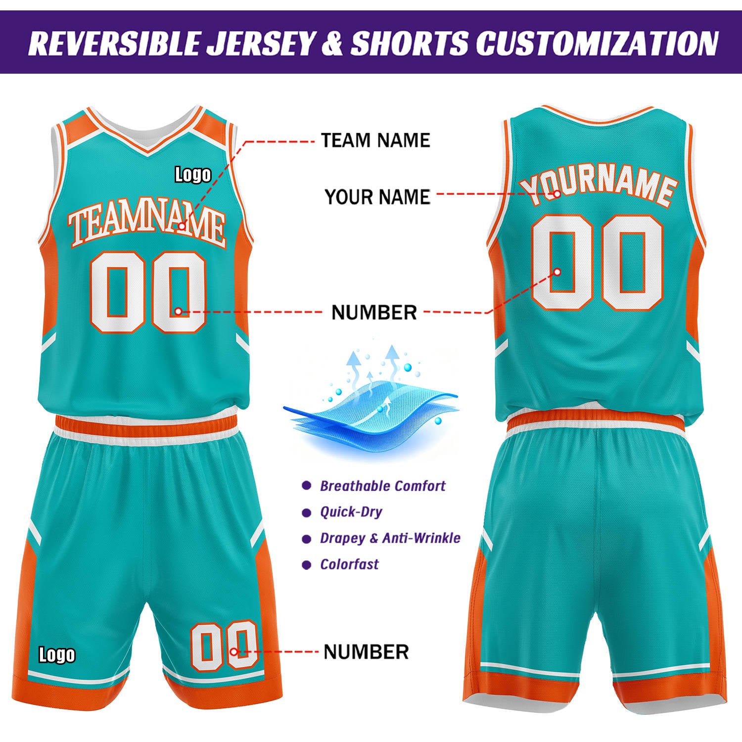 Custom Reversible Basketball Uniform Set | White & Teal V-Neck Sleeveless Jersey & Athletic Shorts