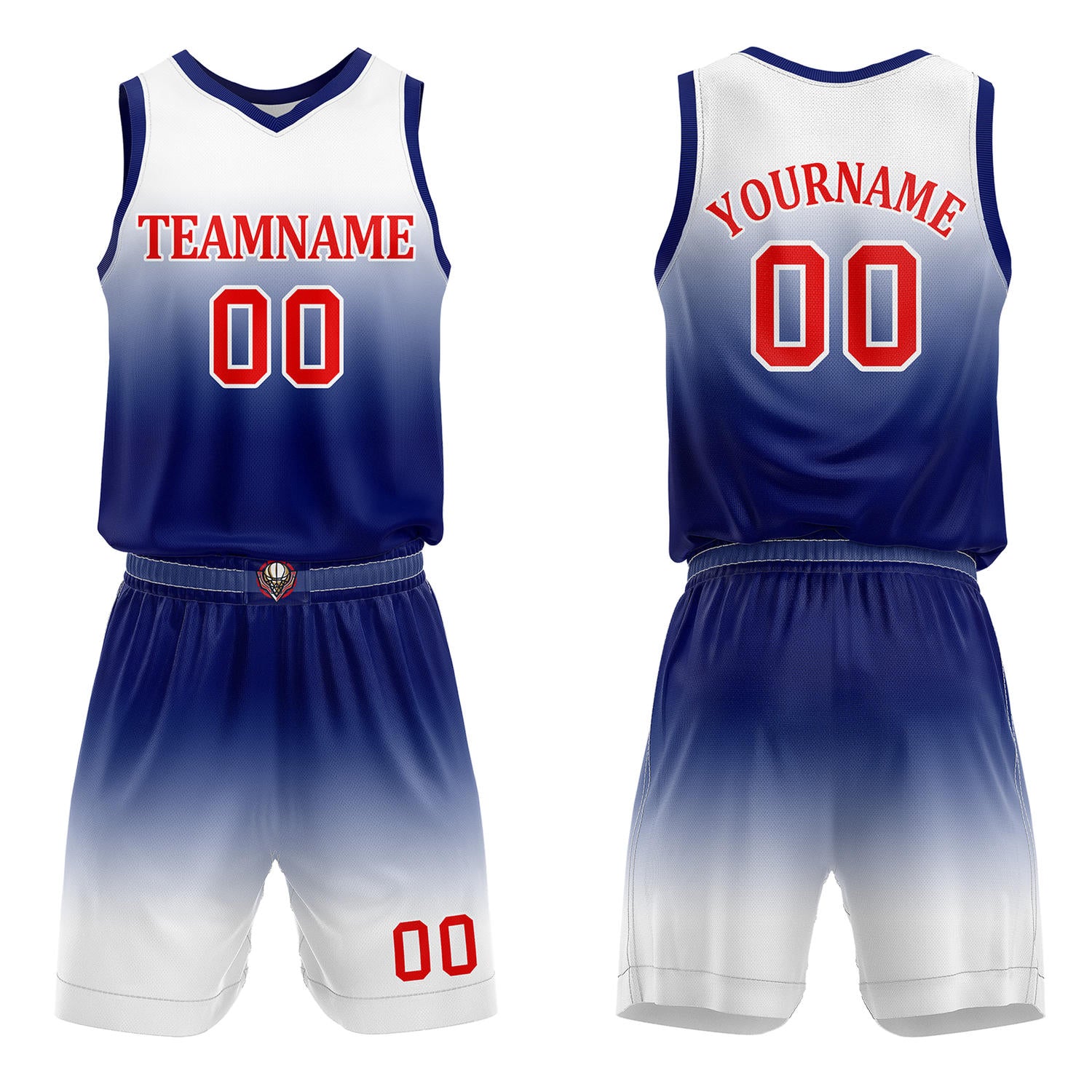 Custom White & Navy Blue Gradient Basketball Jersey + Shorts Set - Personalized Team Name, Number & LOGO | Vosoli
