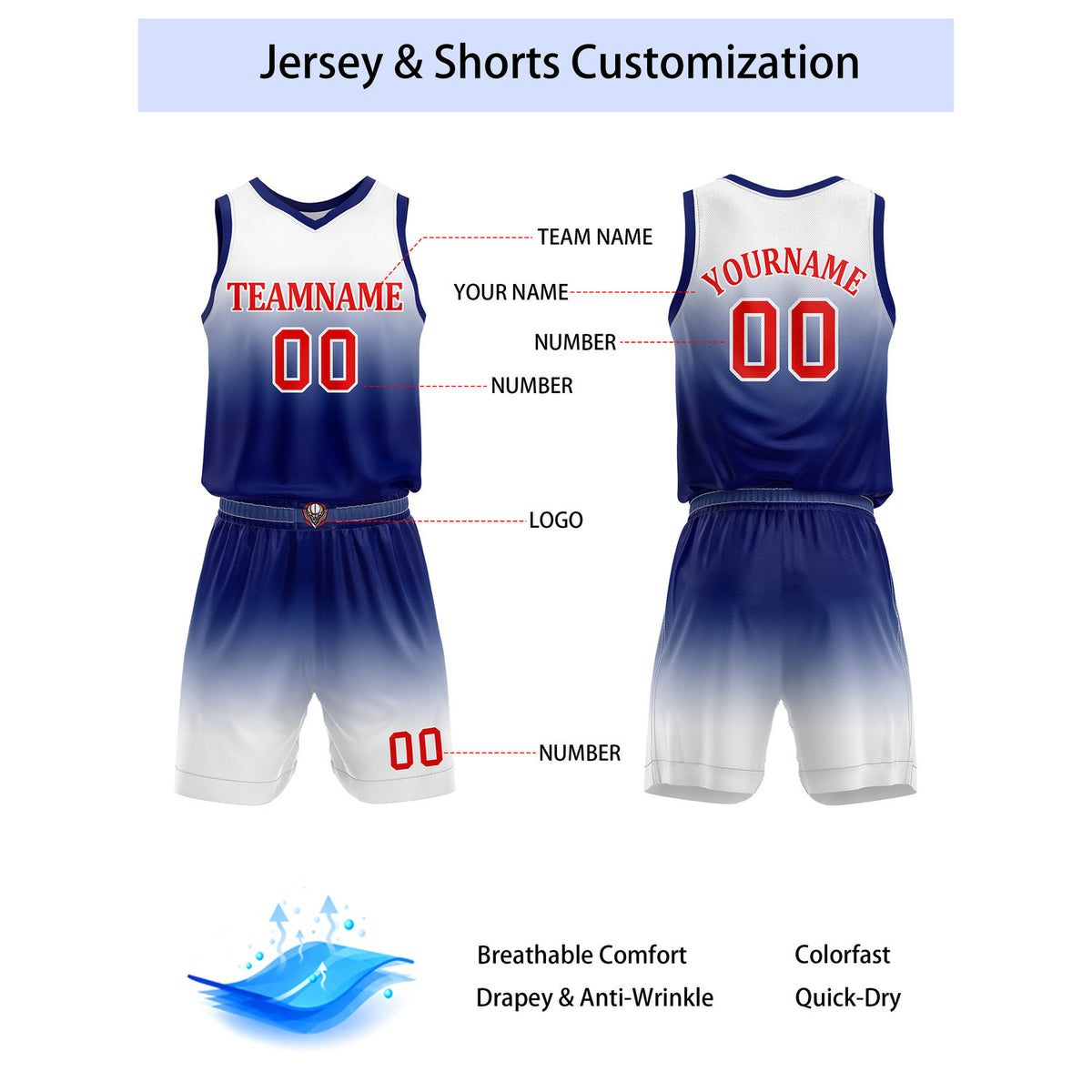 Custom White & Navy Blue Gradient Basketball Jersey + Shorts Set - Personalized Team Name, Number & LOGO | Vosoli