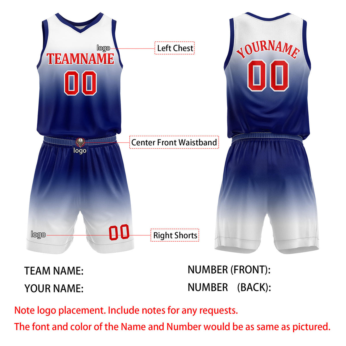 Custom White & Navy Blue Gradient Basketball Jersey + Shorts Set - Personalized Team Name, Number & LOGO | Vosoli