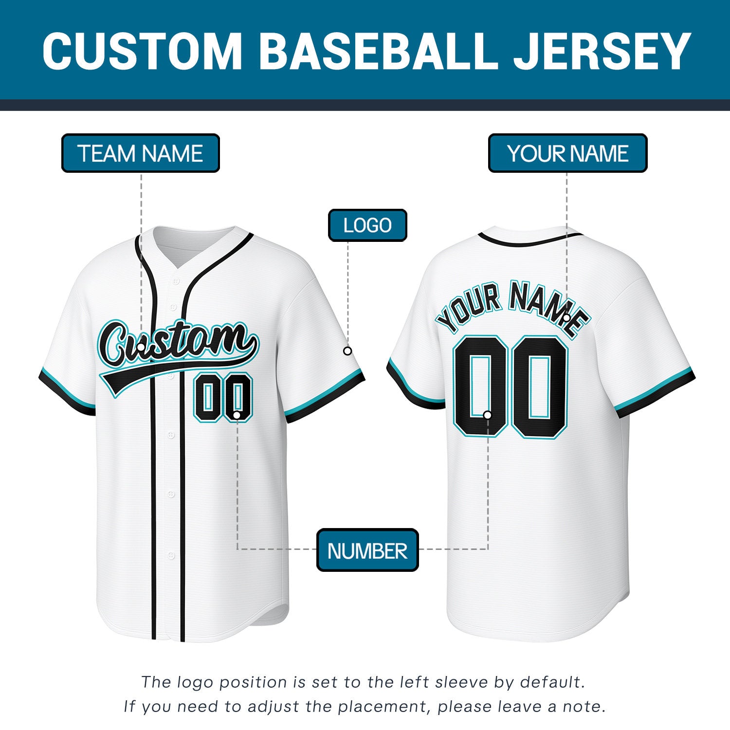 Custom Stitched Baseball Jersey White Turquoise Black | Personalized Name & Number | Team Uniform