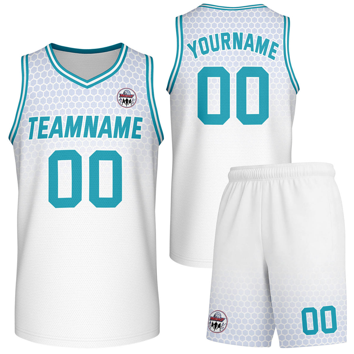 Custom white &amp; turquoise honeycomb-pattern basketball uniform set, personalized team name number logo breathable mesh jersey and shorts men women youth game practice - Vosoli