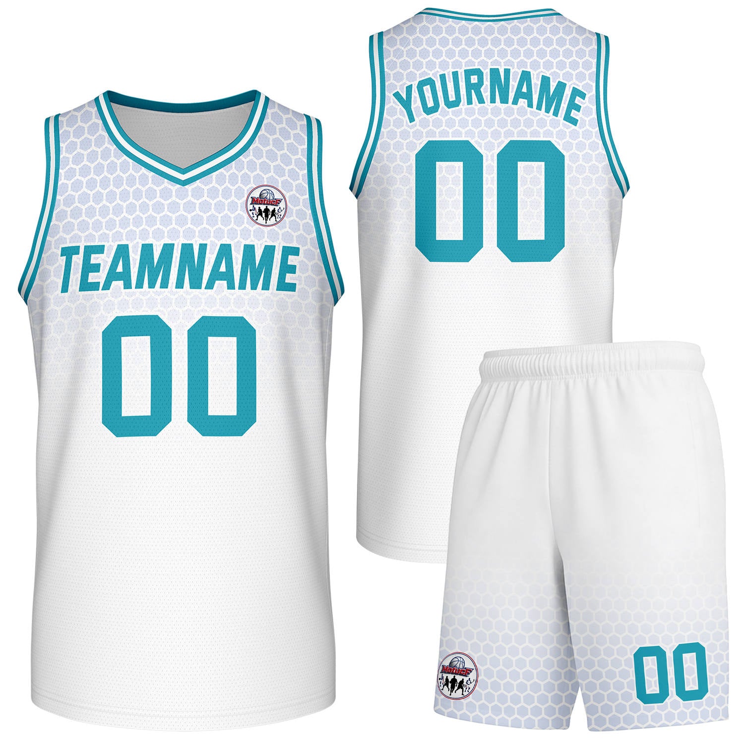 Custom white & turquoise honeycomb-pattern basketball uniform set, personalized team name number logo breathable mesh jersey and shorts men women youth game practice - Vosoli