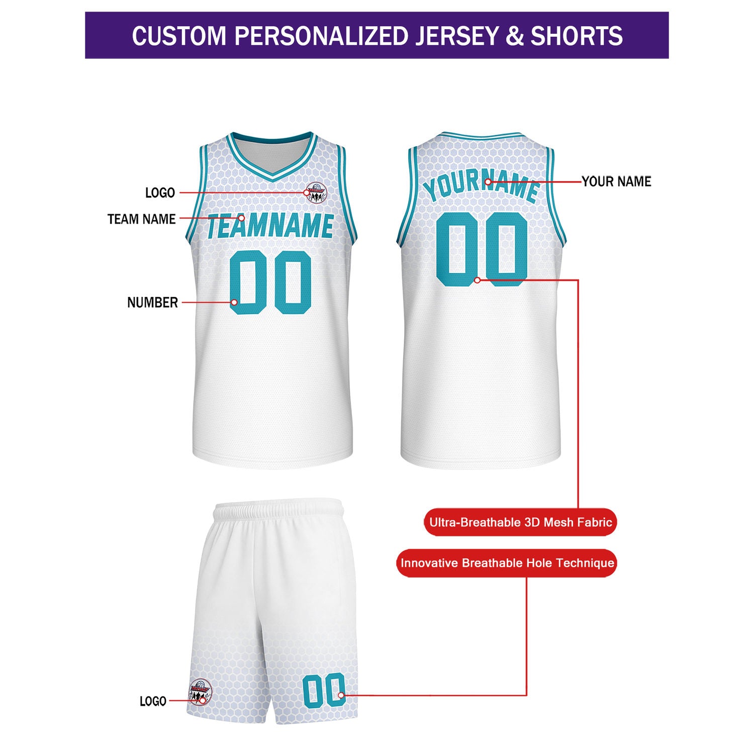 Custom white & turquoise honeycomb-pattern basketball uniform set, personalized team name number logo breathable mesh jersey and shorts men women youth game practice - Vosoli