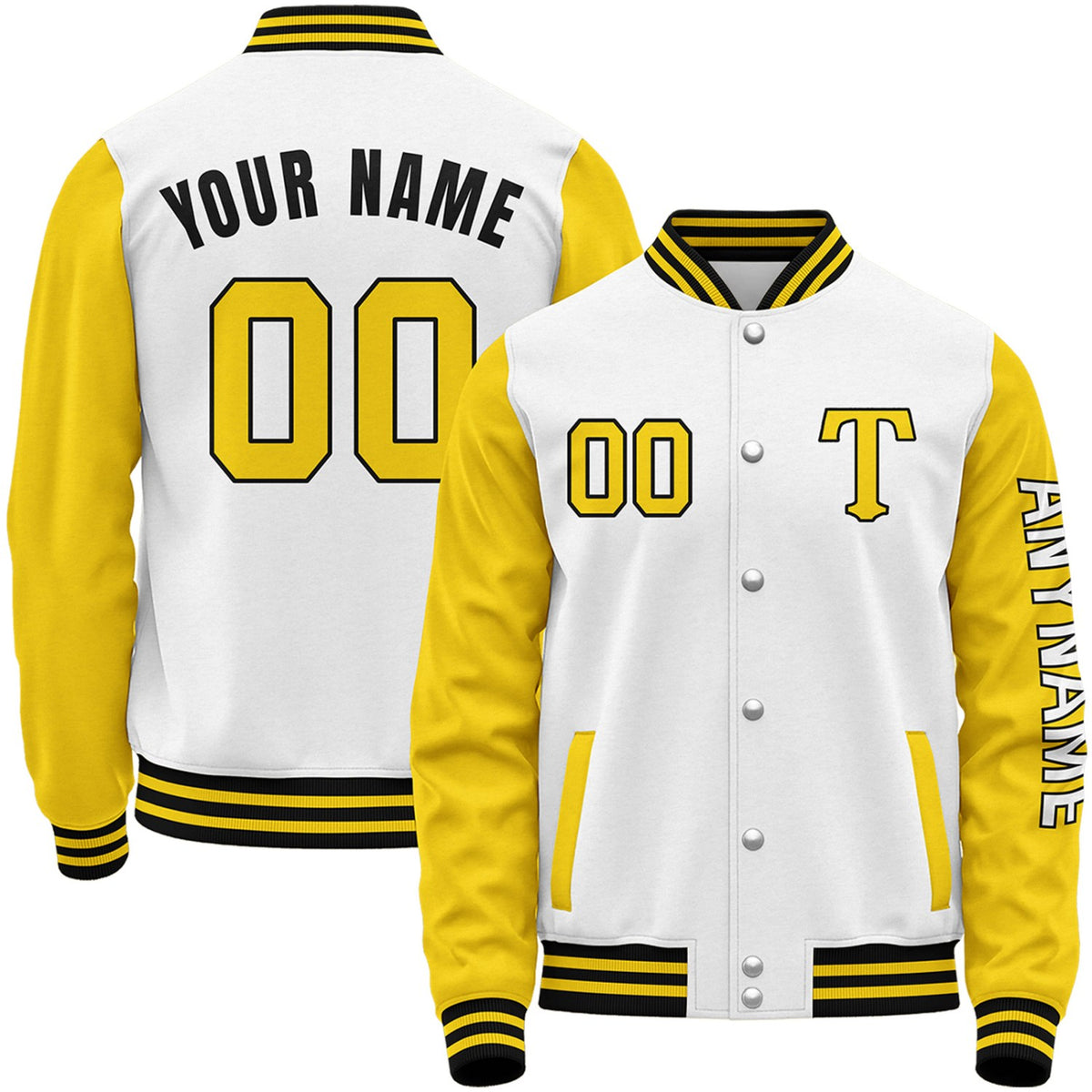 Custom white and yellow varsity baseball jacket by Vosoli with stitched name, number and logo. Classic varsity jacket for baseball and casual wear.
