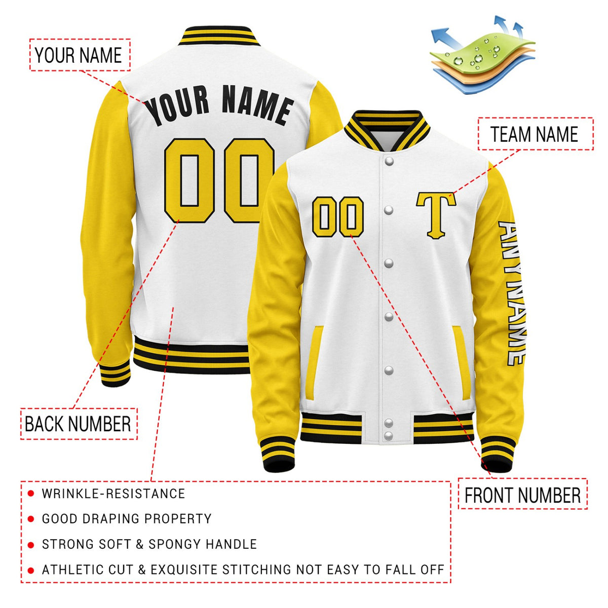 Custom White & Yellow Varsity Letterman Jacket | Personalized Baseball Bomber Coat for Adult & Youth