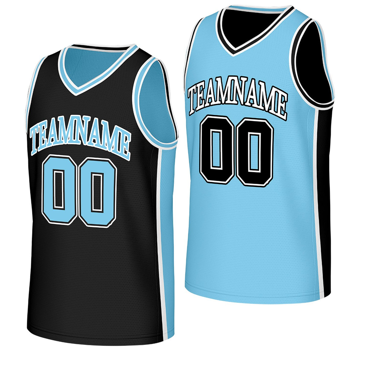 Custom wholesale basketball jerseys by Vosoli. Personalized black &amp; light blue reversible jersey with name, number &amp; logo. Breathable mesh fabric. Fast US shipping.