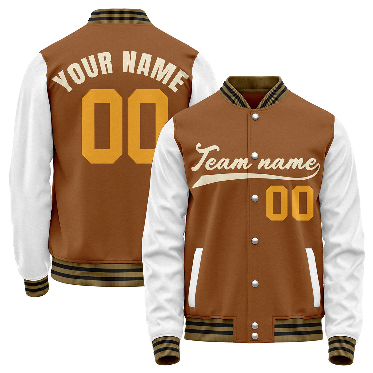 Custom winter baseball jacket, brown and white varsity letterman bomber jacket, personalized team name, player number and logo.
