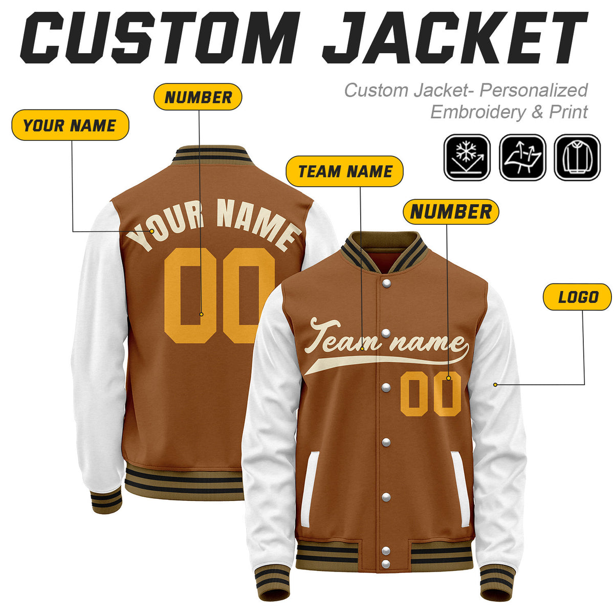 Custom Brown & White Baseball Bomber Jacket | Retro Collegiate Varsity & Letterman