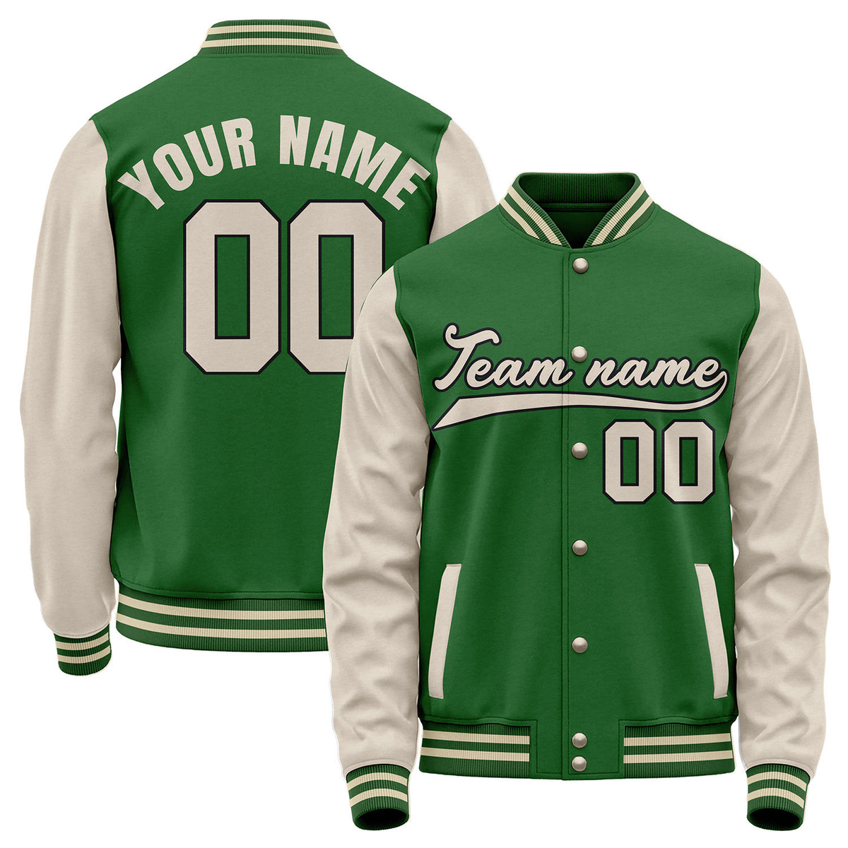 Custom winter baseball team jacket, forest green and cream varsity letterman bomber jacket, personalized team name, player number and logo.