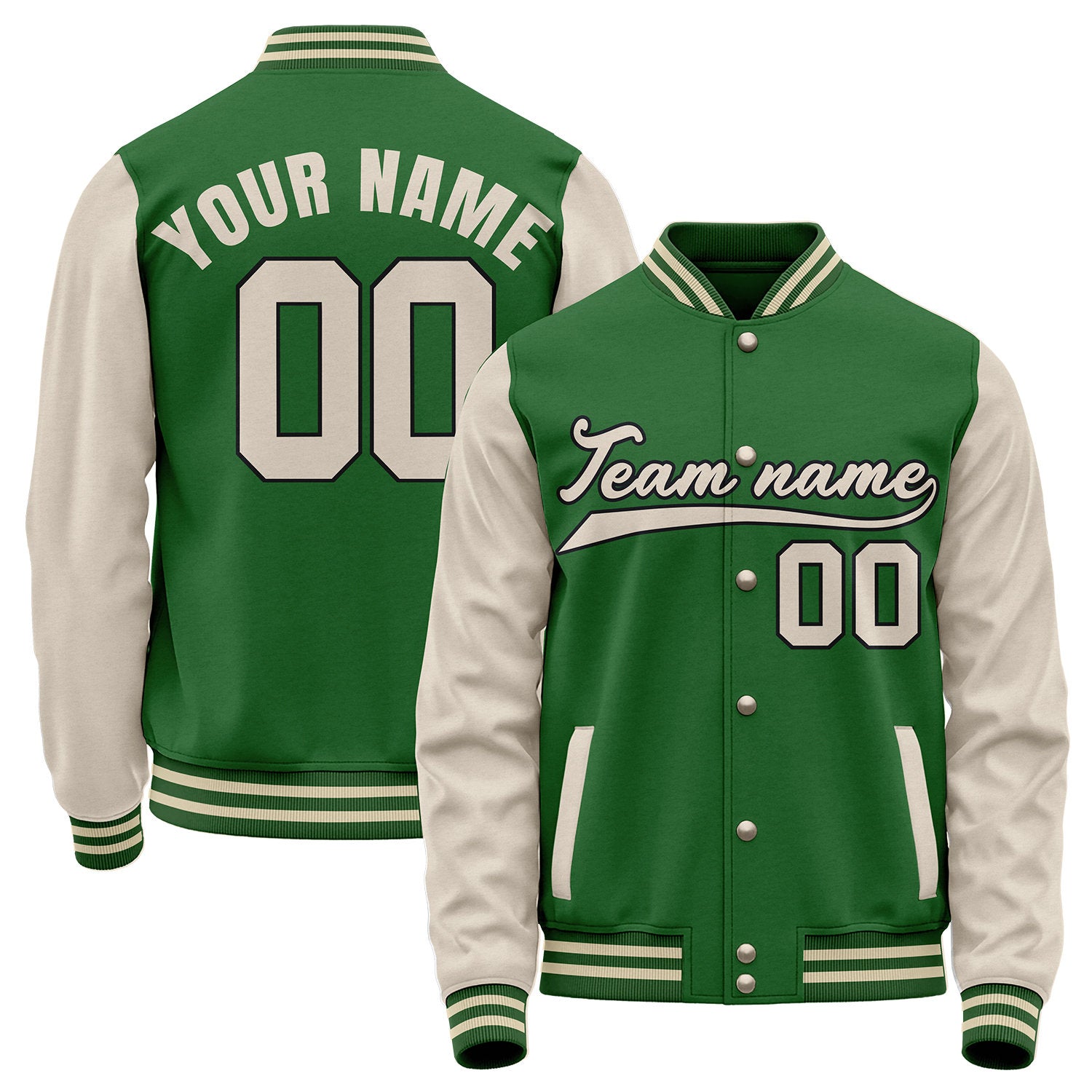 Custom winter baseball team jacket, forest green and cream varsity letterman bomber jacket, personalized team name, player number and logo.