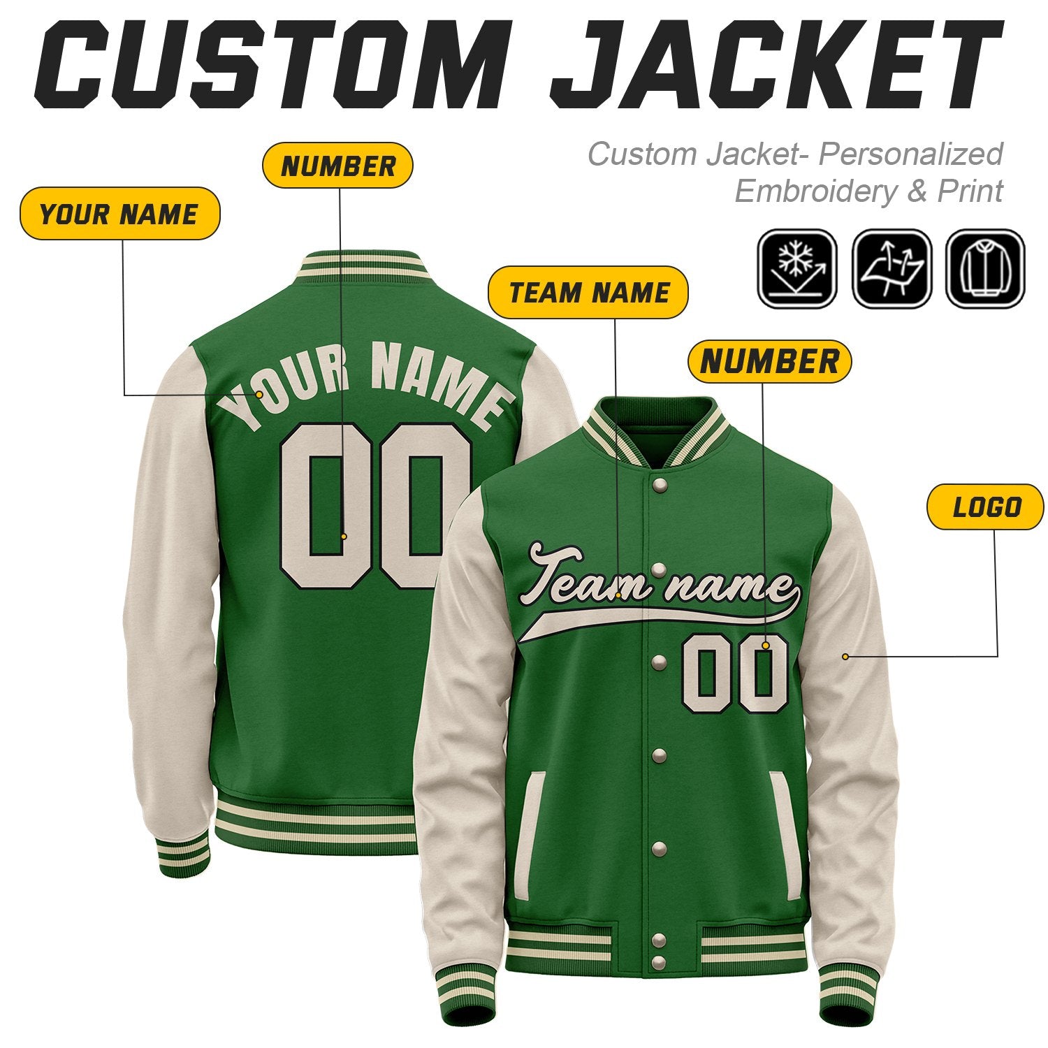 Custom Forest Green & Cream Baseball Bomber Jacket | Retro Collegiate Varsity & Letterman