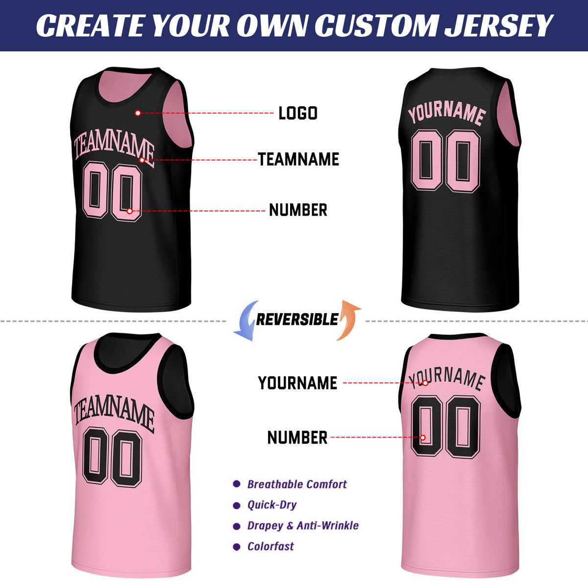 Custom Black & Pink Reversible Basketball Jersey | Personalized Sleeveless Mesh Top for Men Women Youth
