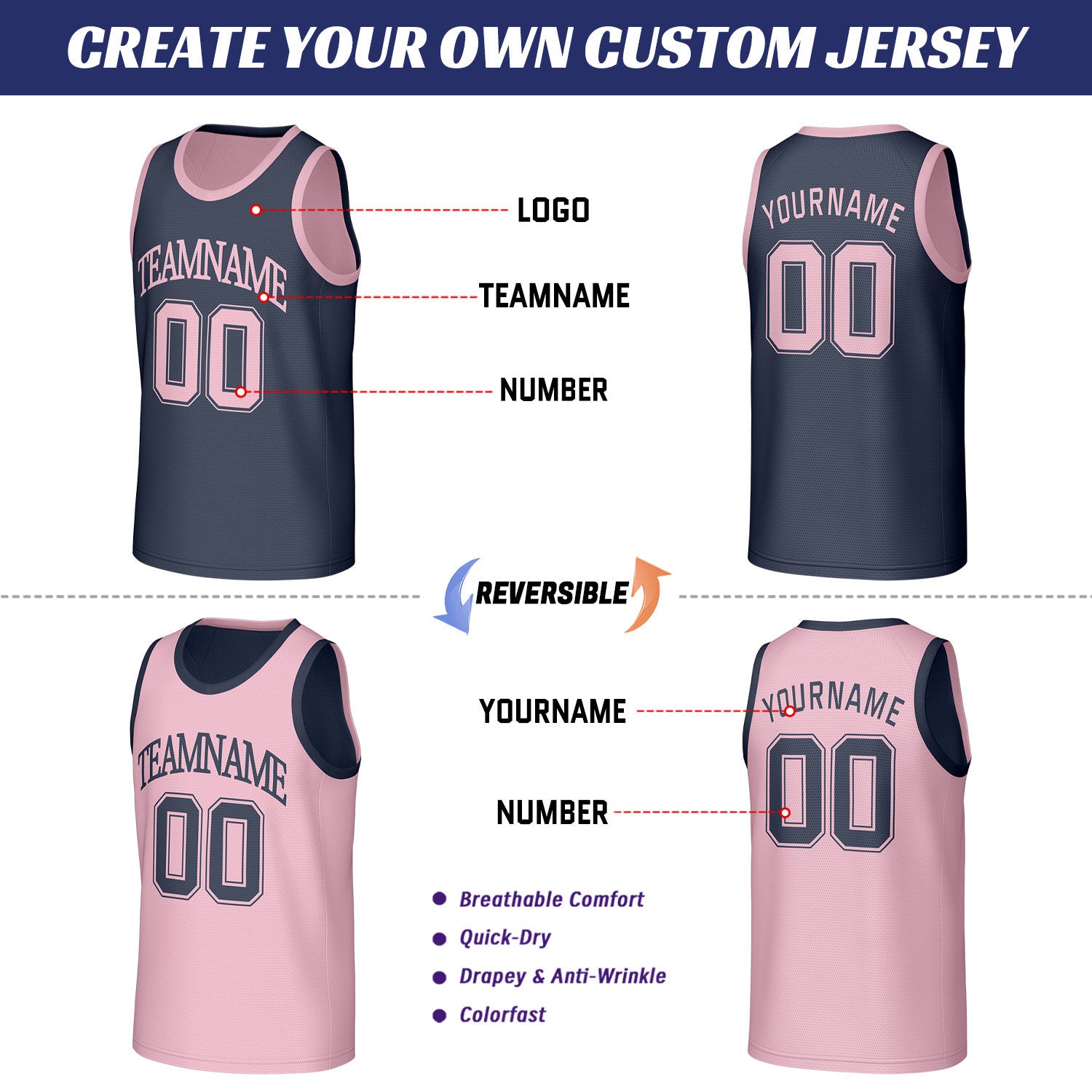 Custom Navy & Pink Reversible Basketball Jersey | Personalized Team Name & Number Sleeveless Mesh Jersey for Men Women Youth