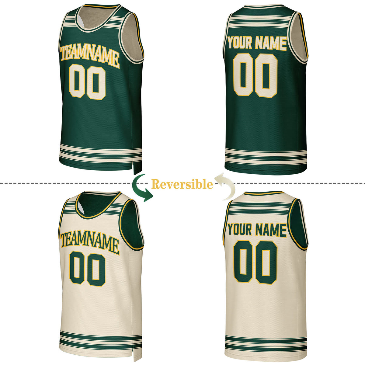 Custom Green & Cream Striped Reversible Basketball Jersey | Personalized Team Jerseys with Name, Number & Logo