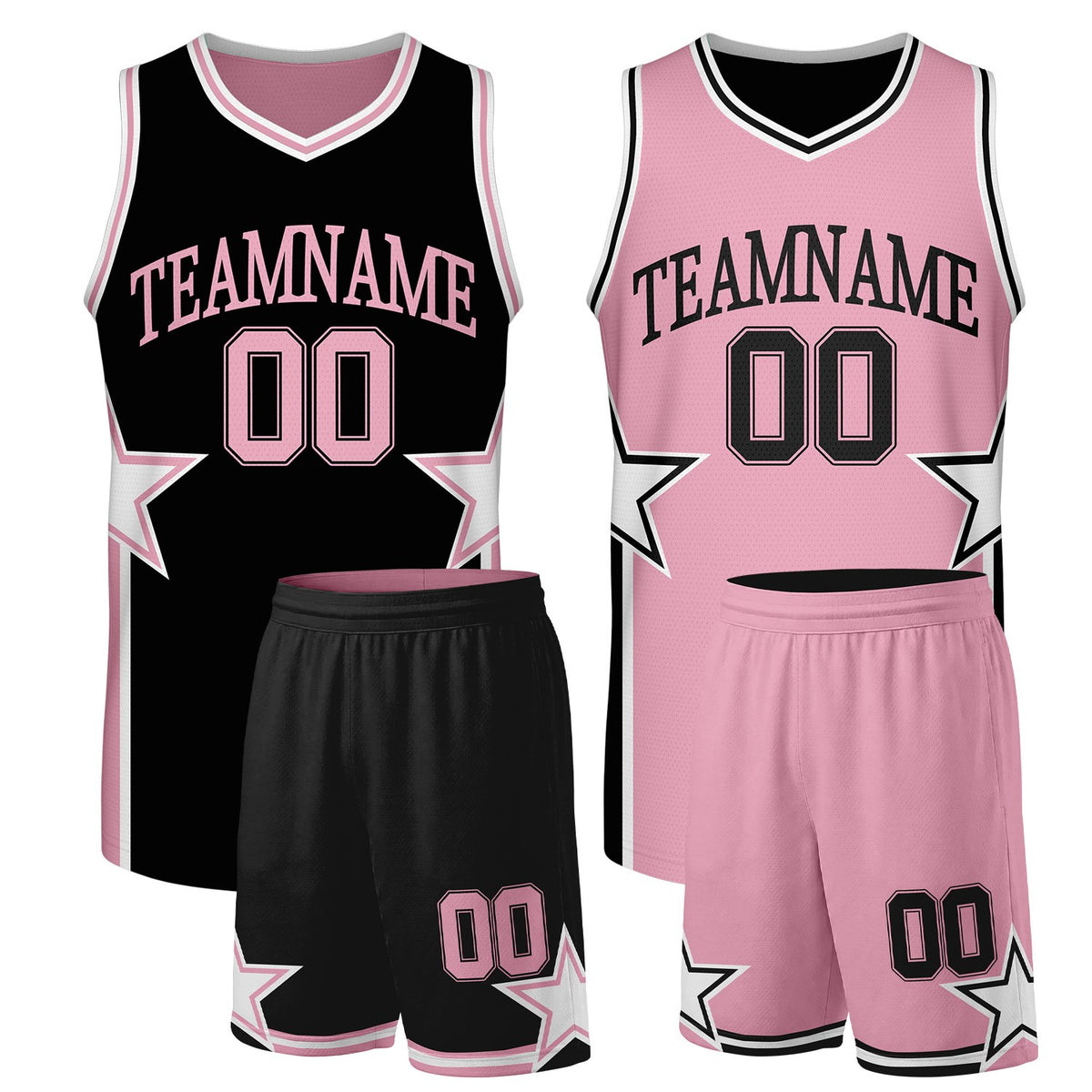 Custom women's basketball uniforms black pink reversible by Vosoli. Personalized team name, player number &amp; logo. Breathable mesh. Fast delivery.