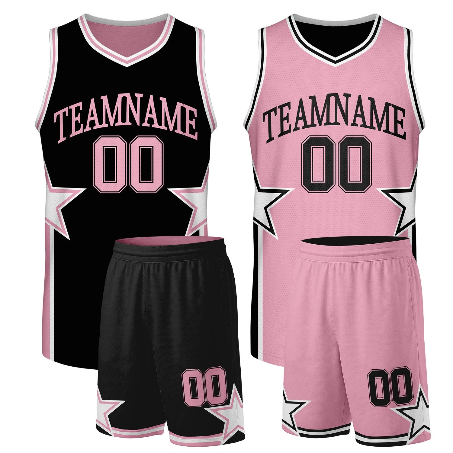 Custom women's basketball uniforms black pink reversible by Vosoli. Personalized team name, player number & logo. Breathable mesh. Fast delivery.
