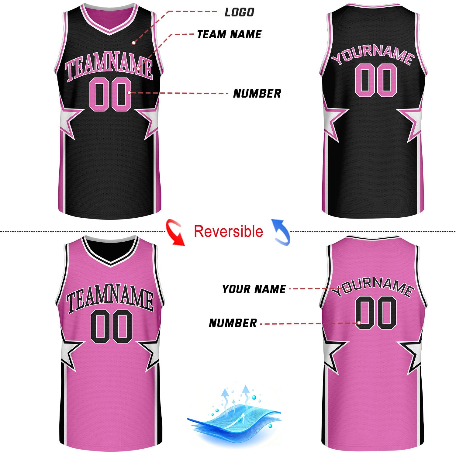 Custom Black & Pink Star Reversible Basketball Uniform Set | Breathable Mesh Jersey & Shorts