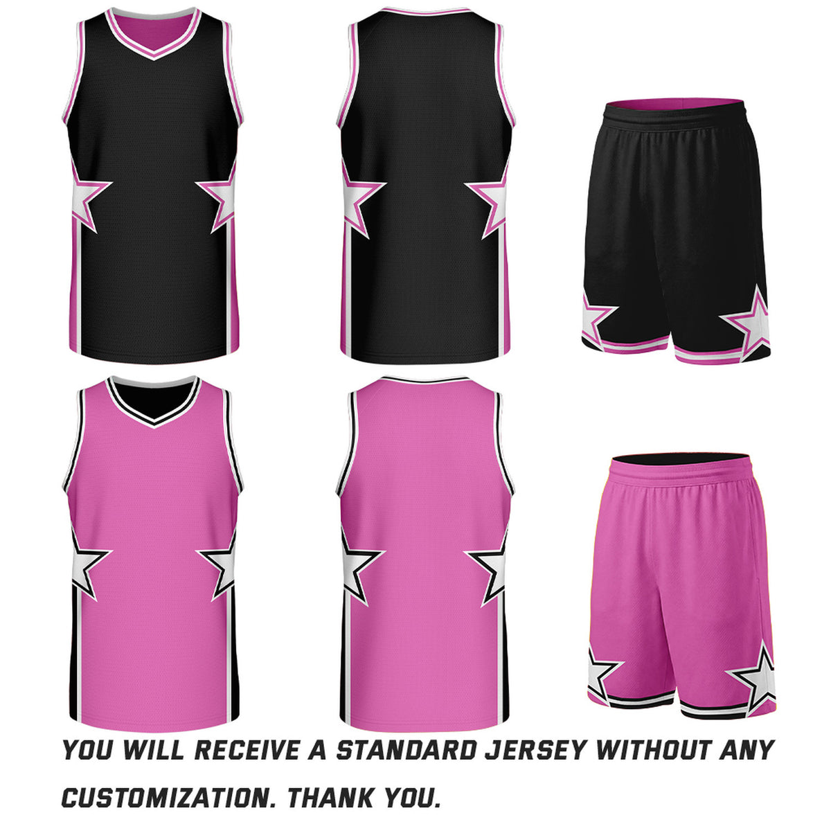 Custom Black & Pink Star Reversible Basketball Uniform Set | Breathable Mesh Jersey & Shorts