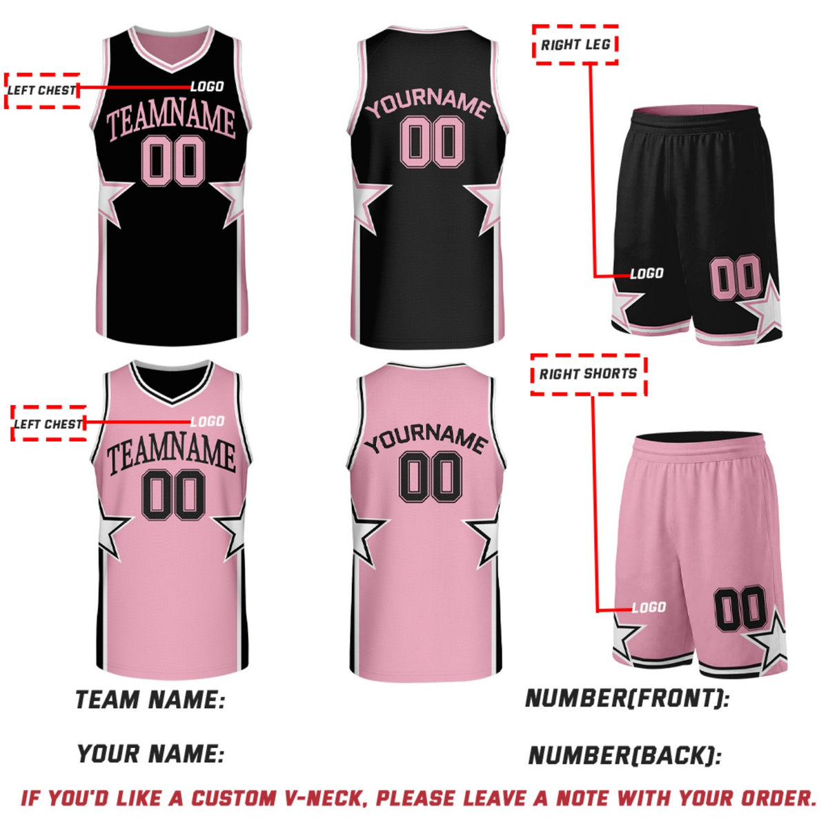 Custom Black & Pink Star Reversible Basketball Uniform Set | Breathable Mesh Jersey & Shorts