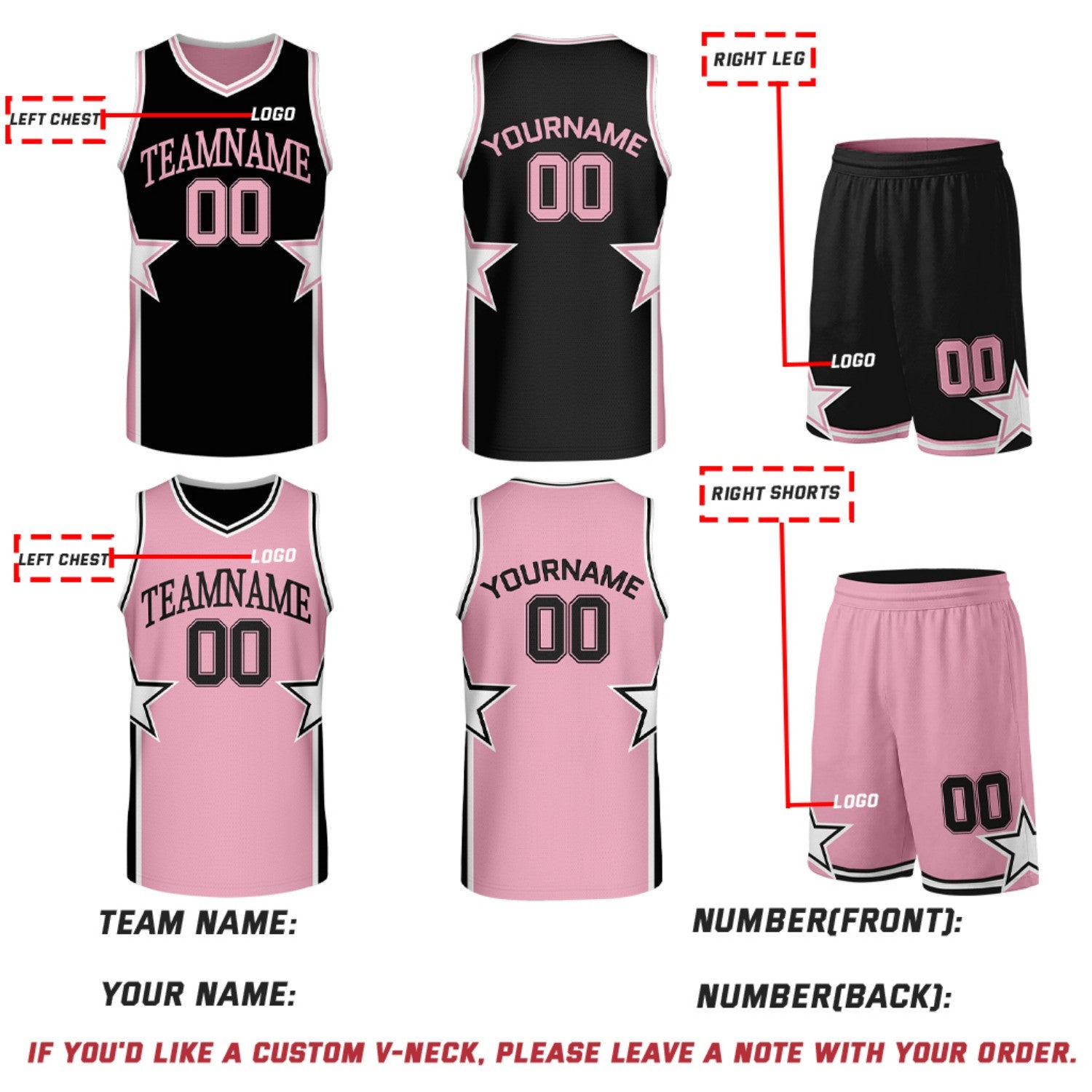 Custom Black & Pink Star Reversible Basketball Uniform Set | Breathable Mesh Jersey & Shorts
