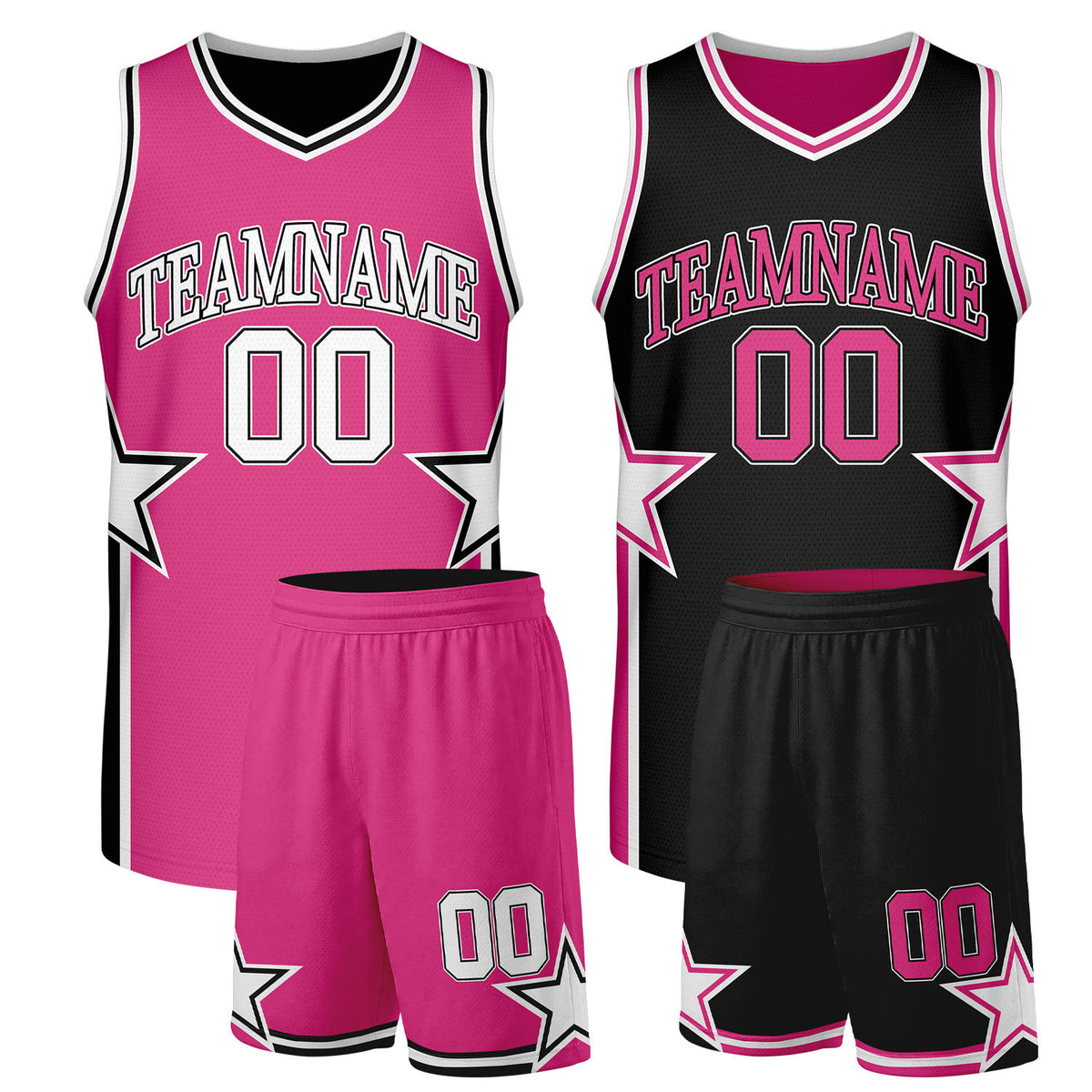 Custom women's basketball uniforms hot pink black reversible by Vosoli. Personalized team name, player number &amp; logo. Breathable mesh. Fast delivery.