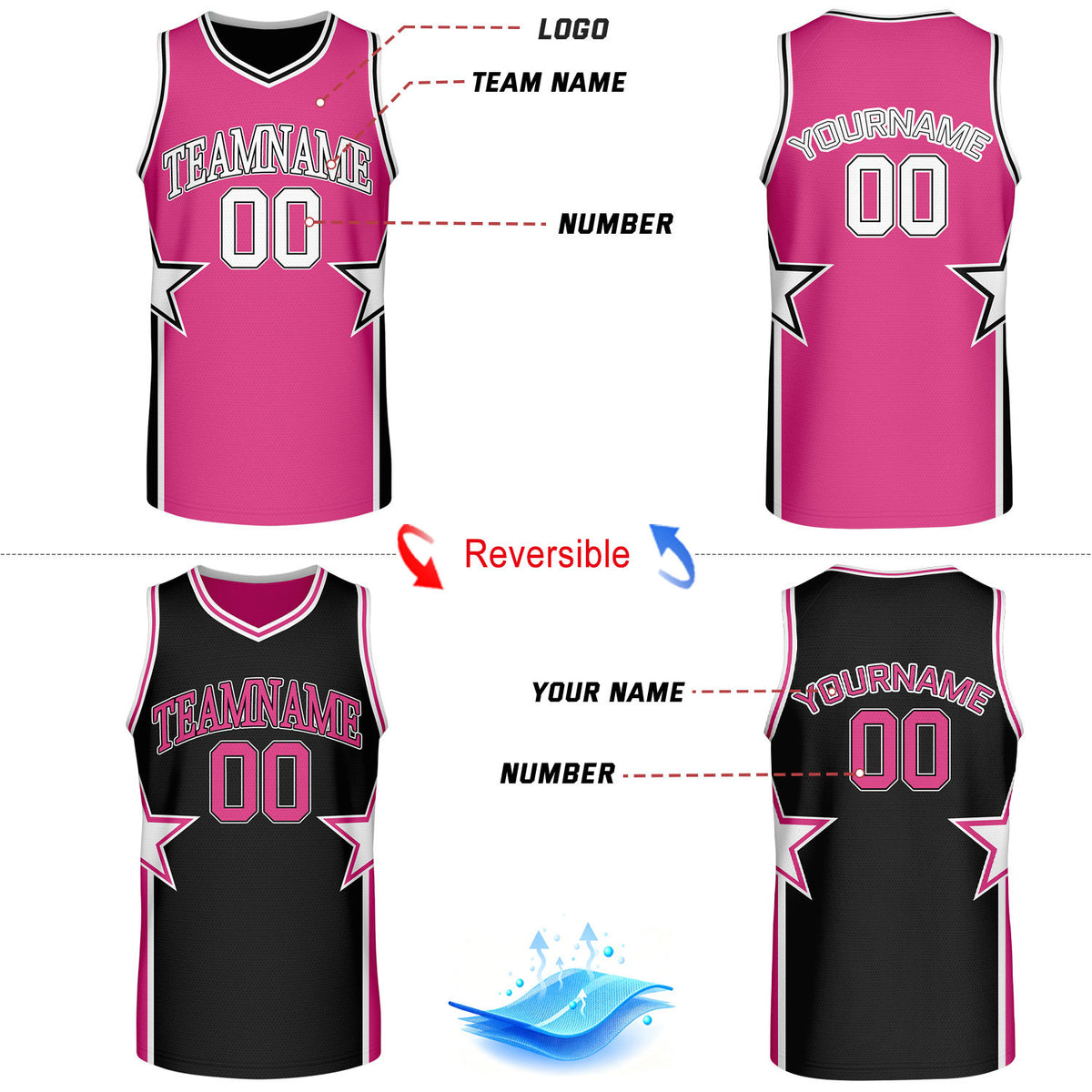 Custom Hot Pink & Black Star Reversible Basketball Uniform Set | Breathable Mesh Jersey & Shorts