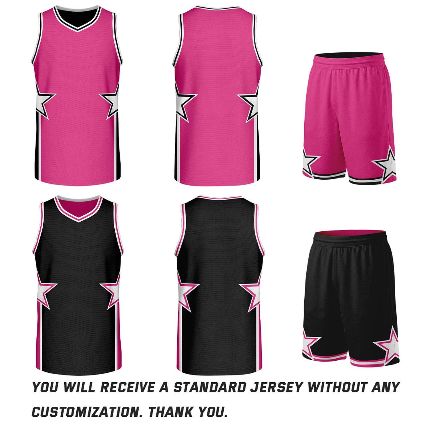 Custom Hot Pink & Black Star Reversible Basketball Uniform Set | Breathable Mesh Jersey & Shorts