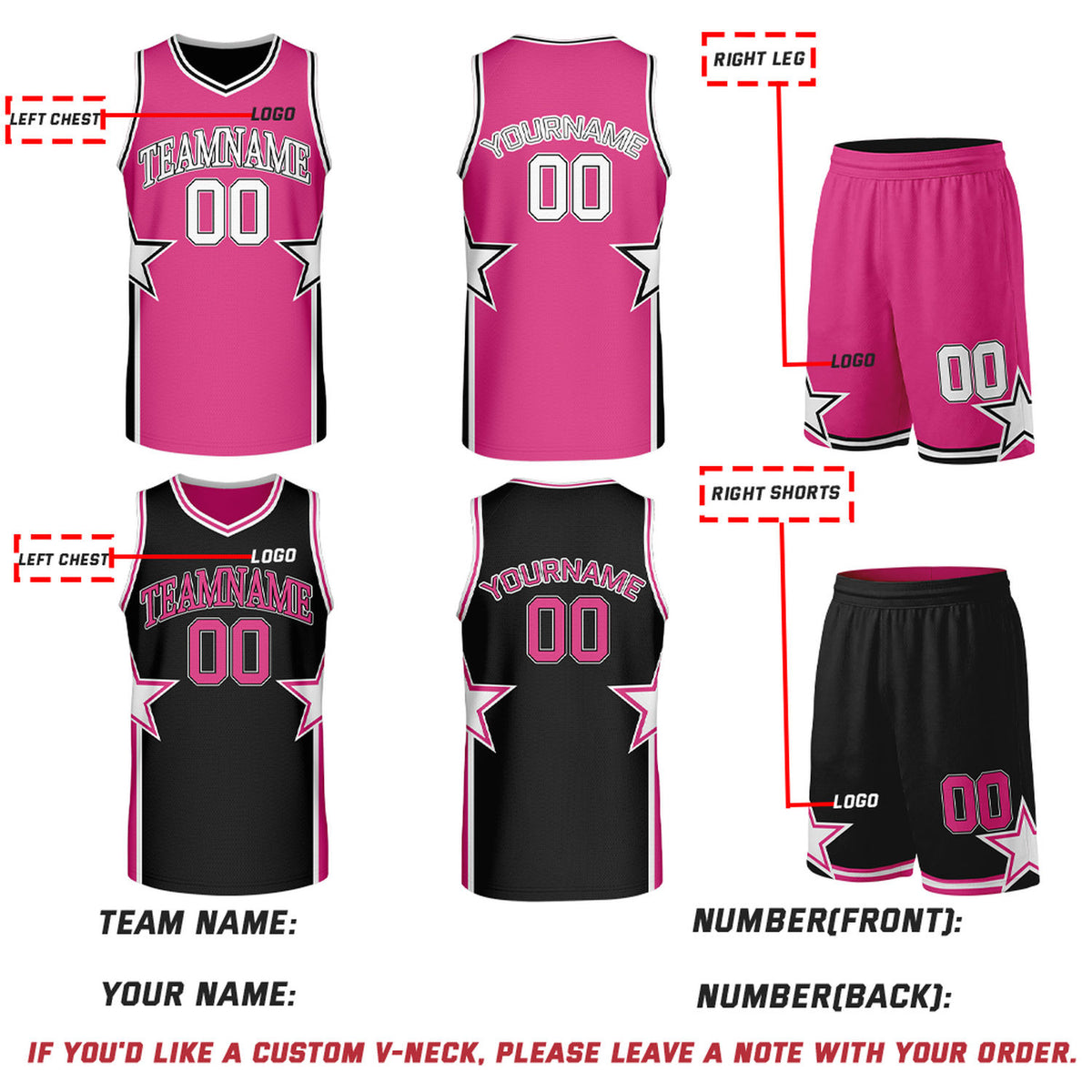 Custom Hot Pink & Black Star Reversible Basketball Uniform Set | Breathable Mesh Jersey & Shorts