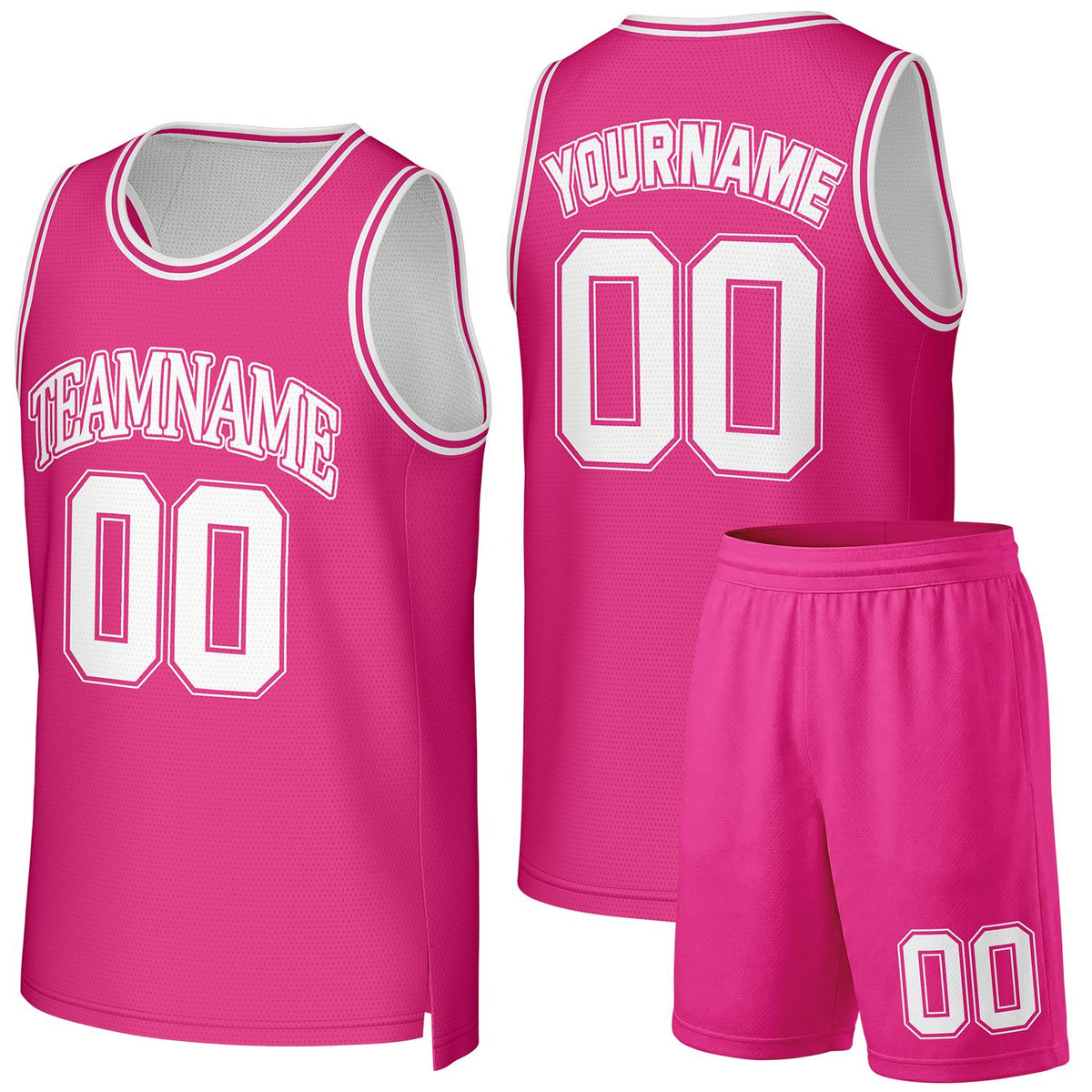 Custom women's basketball uniforms pink‑white by Vosoli, personalized team name, number & logo, quick‑dry mesh fabric for women game‑ready basketball team outfits