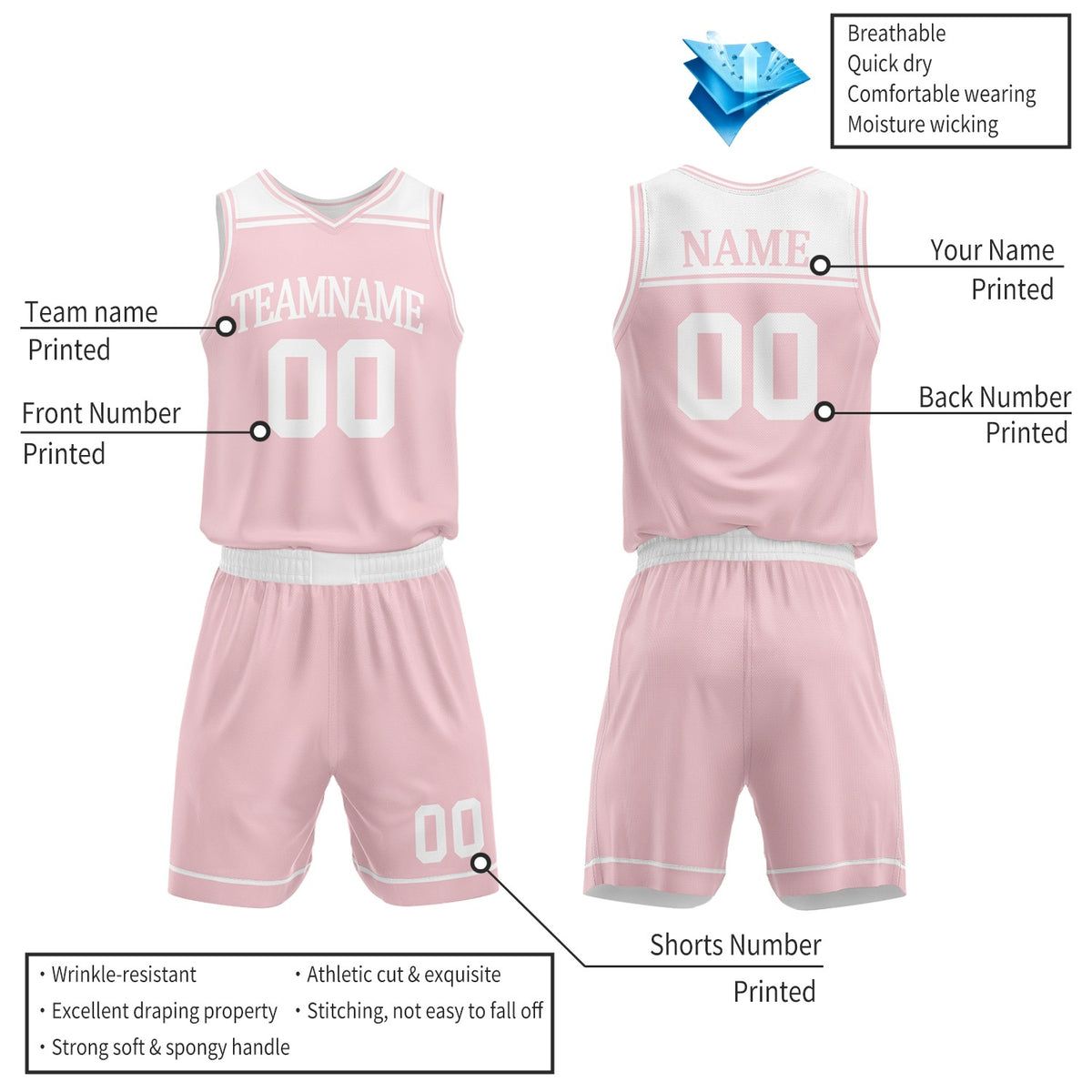 Custom Light Pink & White Reversible Basketball Jersey Set | Wholesale Team Uniform