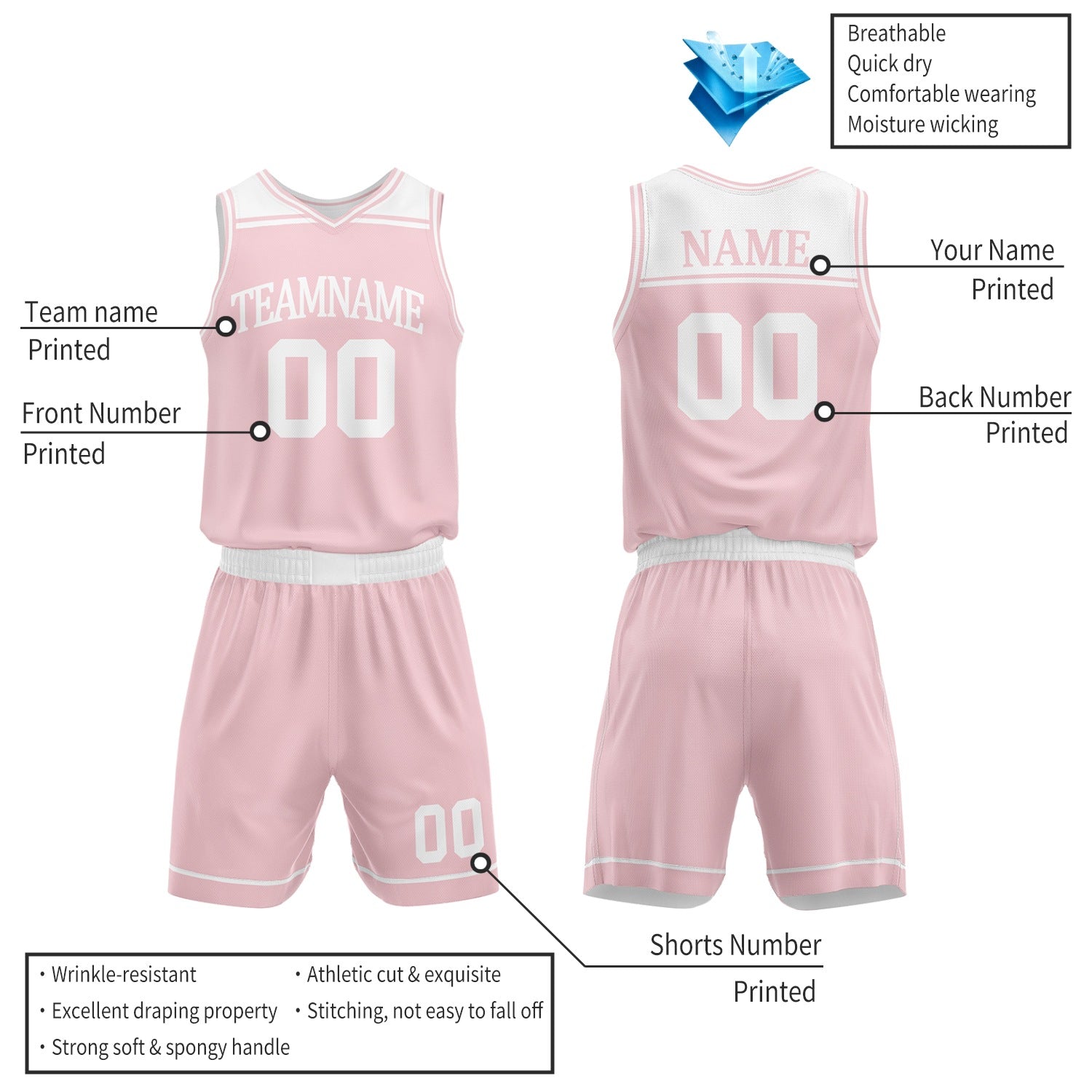 Custom Light Pink & White Reversible Basketball Jersey Set | Wholesale Team Uniform