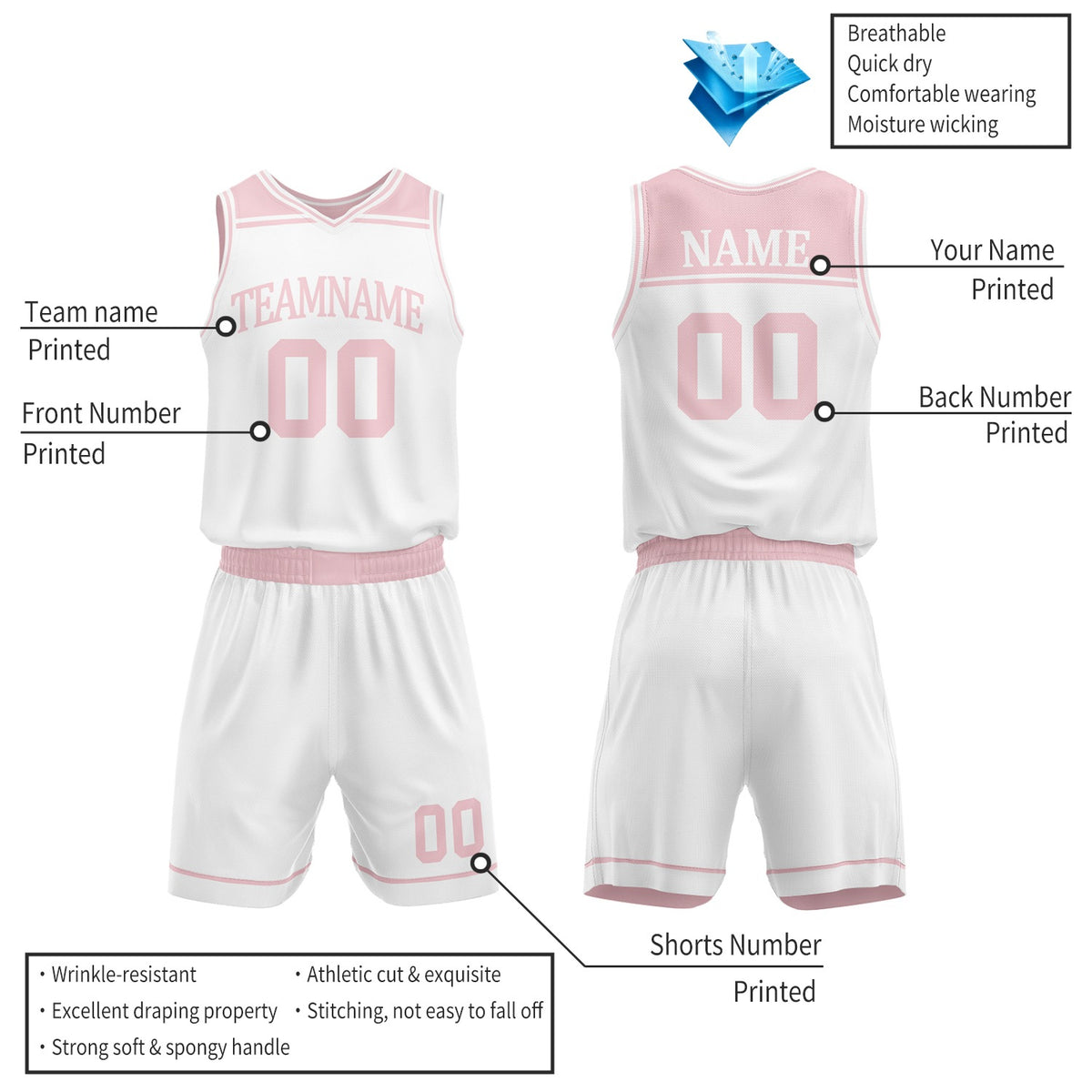 Custom Light Pink & White Reversible Basketball Jersey Set | Wholesale Team Uniform