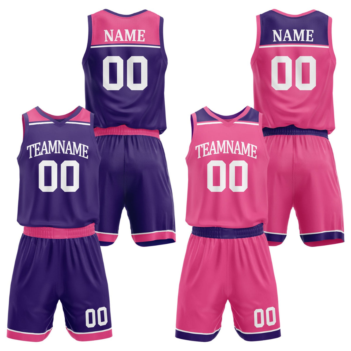Custom women's basketball uniforms set purple hot pink by Vosoli. Personalized team name, player name, number & logo. Breathable mesh. Fast delivery.