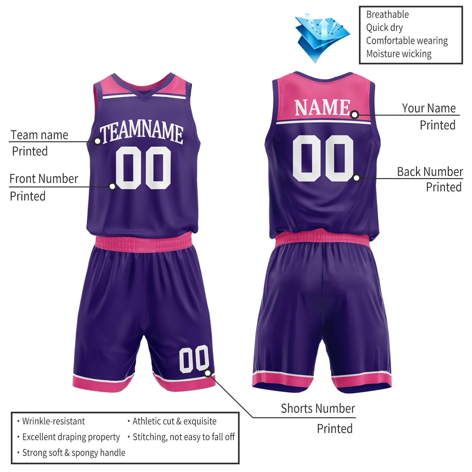 Custom Purple & Hot Pink Double Sided Basketball Jersey Set | Wholesale Women Team Uniform